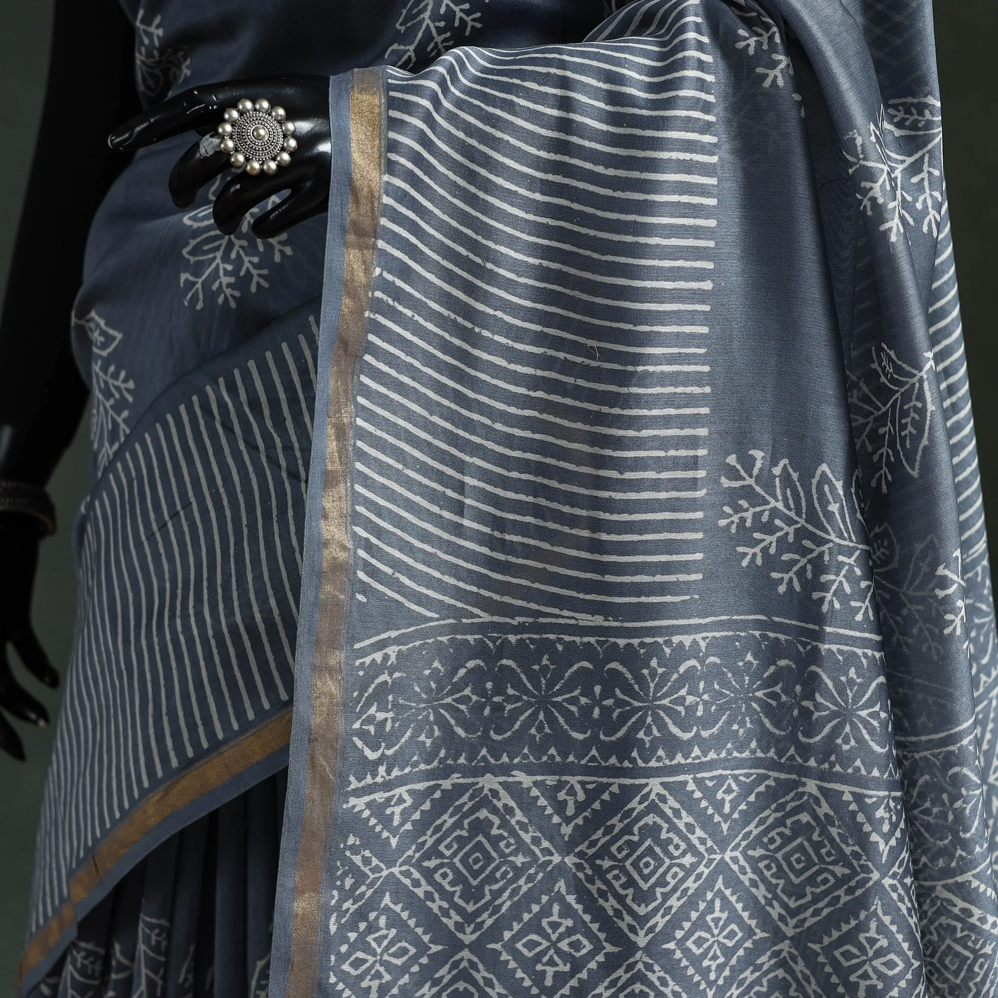 Grey - Chanderi Silk Hand Block Batik Print Saree 72 sold by Itokri product image thumbnail 3