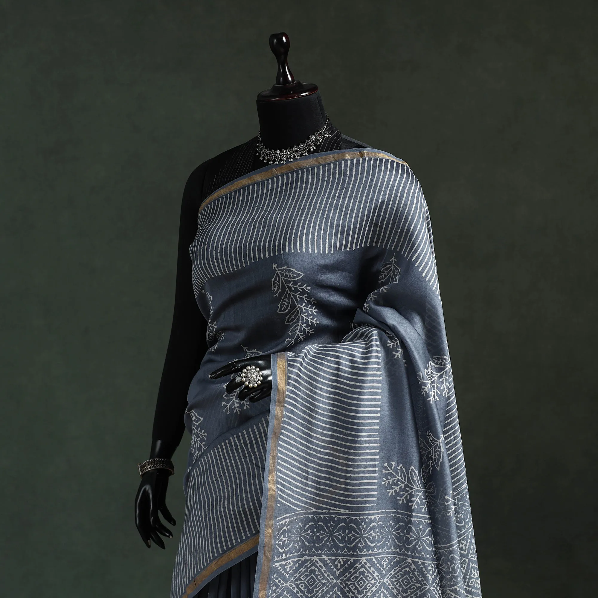 Grey - Chanderi Silk Hand Block Batik Print Saree 72 sold by Itokri product image thumbnail 2