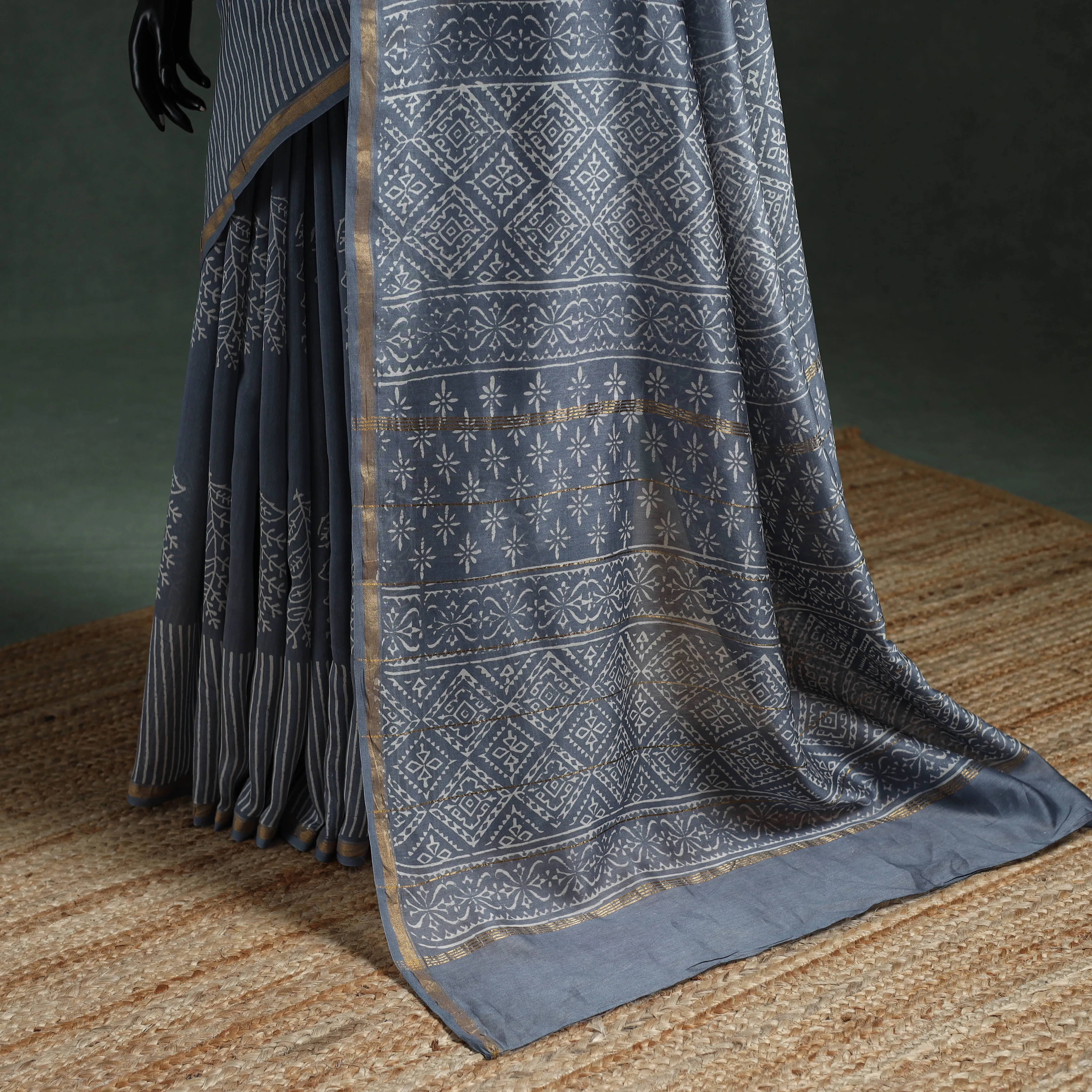 Grey - Chanderi Silk Hand Block Batik Print Saree 72 sold by Itokri product image thumbnail 4
