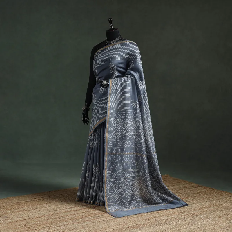 Grey - Chanderi Silk Hand Block Batik Print Saree 72 sold by Itokri