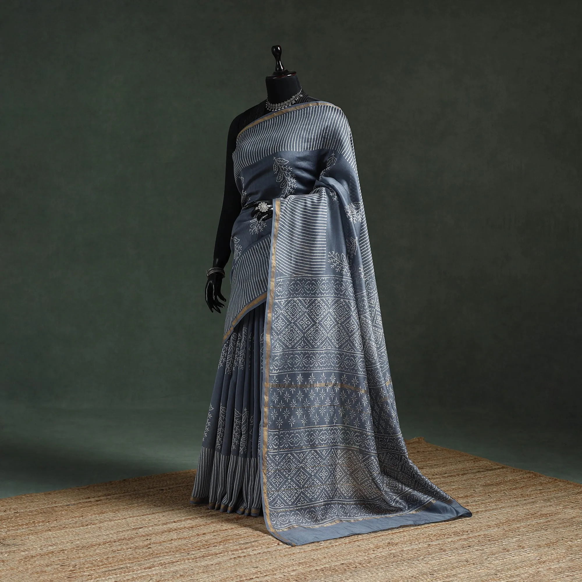 Grey - Chanderi Silk Hand Block Batik Print Saree 72 sold by Itokri