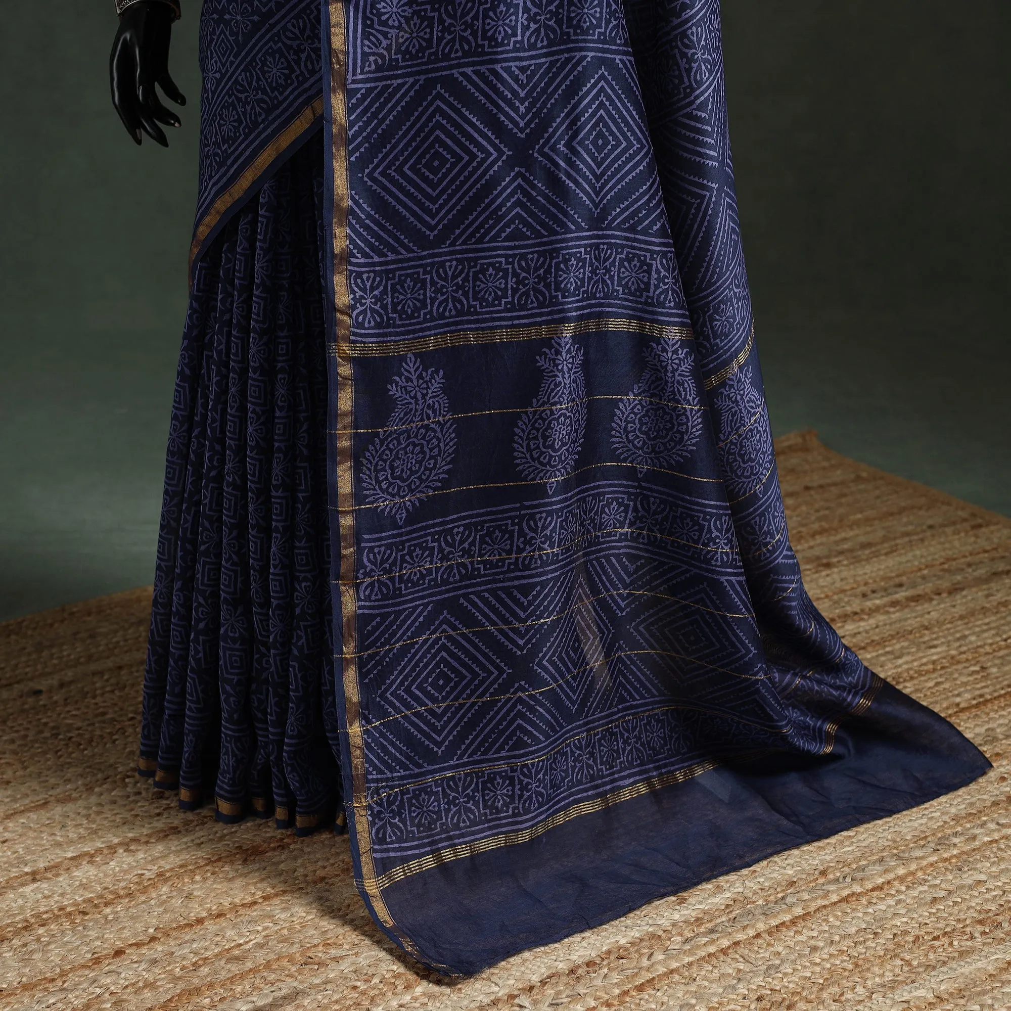 Blue - Chanderi Silk Hand Block Batik Print Saree 70 sold by Itokri product image thumbnail 4
