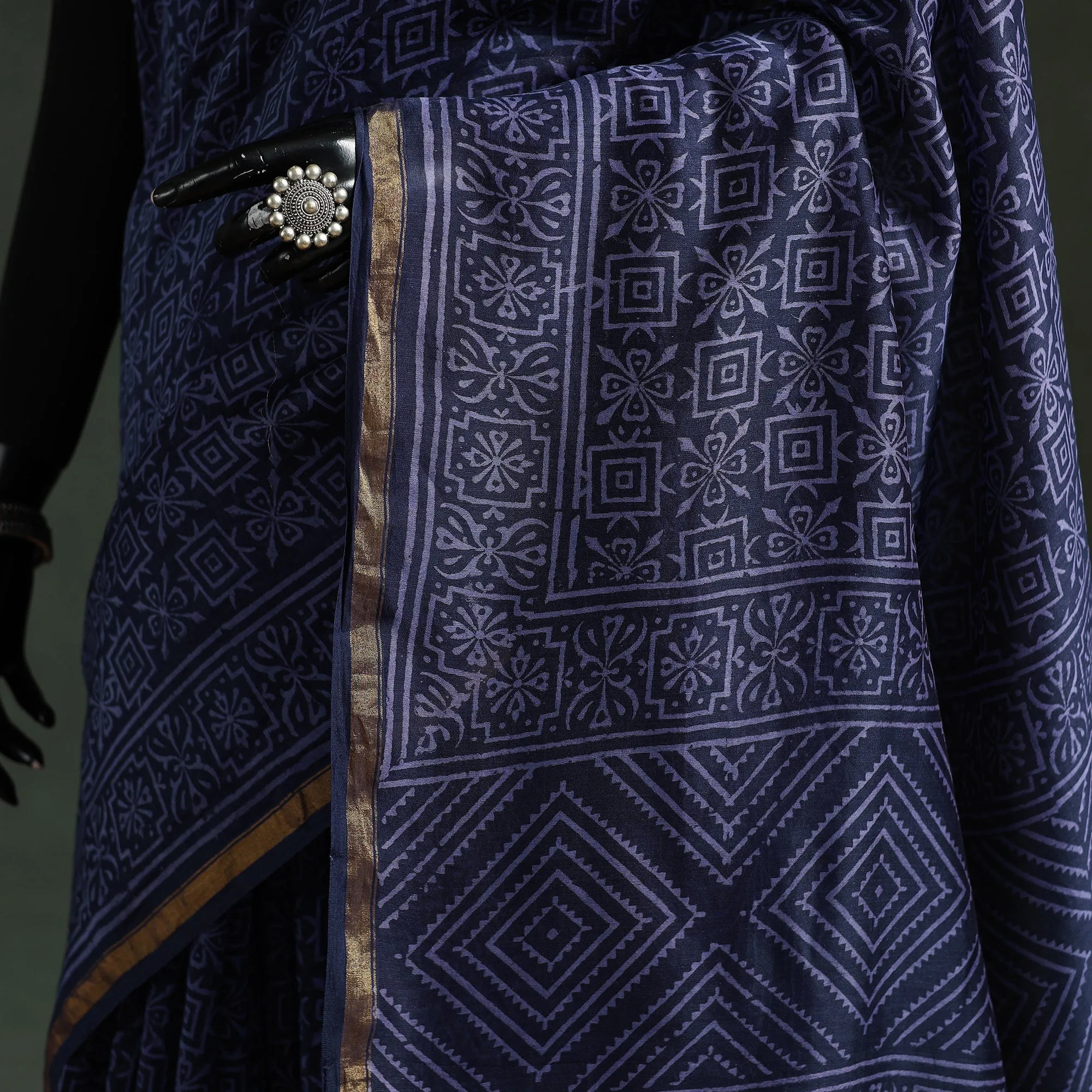 Blue - Chanderi Silk Hand Block Batik Print Saree 70 sold by Itokri product image thumbnail 3
