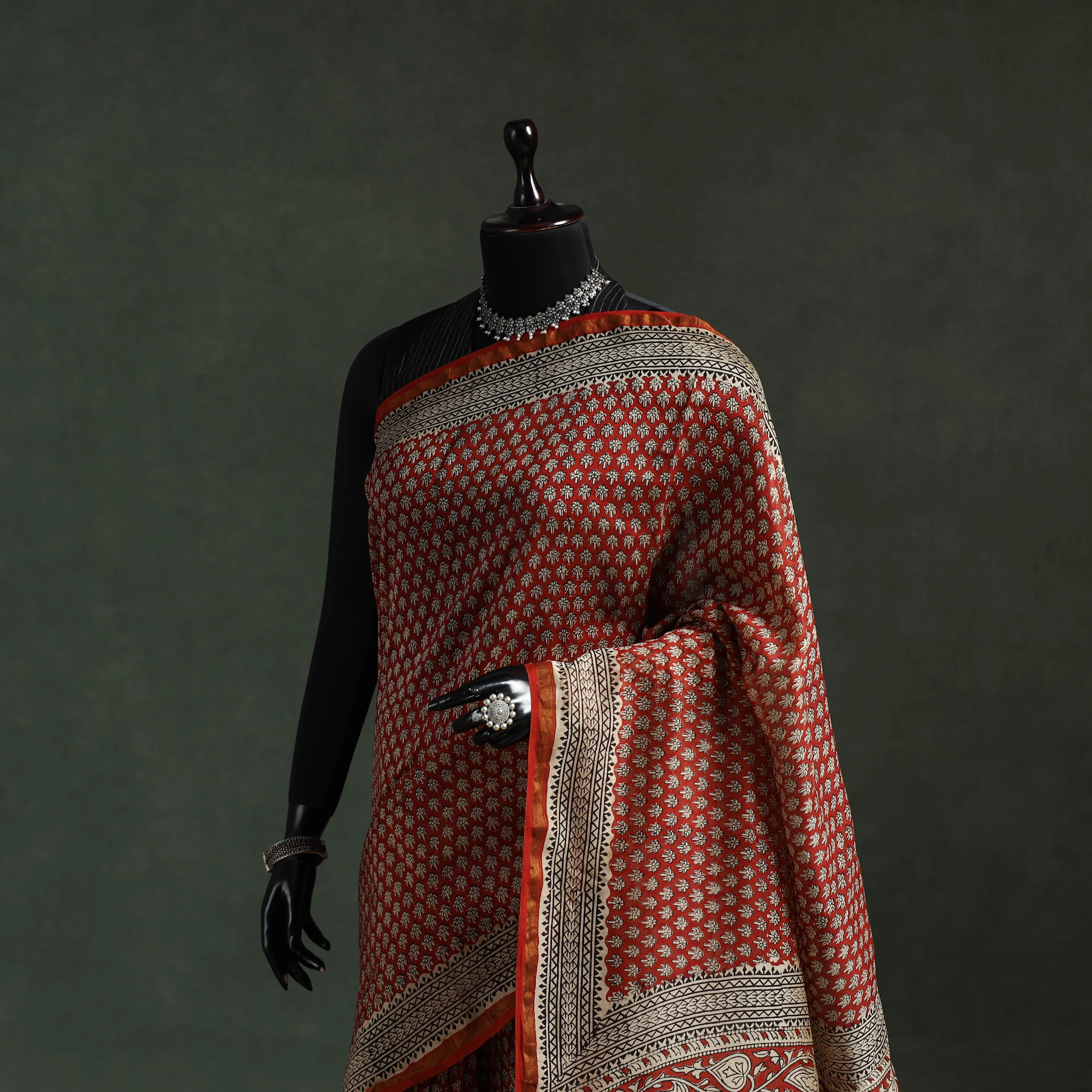 Red - Chanderi Silk Natural Dyed Hand Block Dabu Bagru Print Saree 64 sold by Itokri product image thumbnail 2