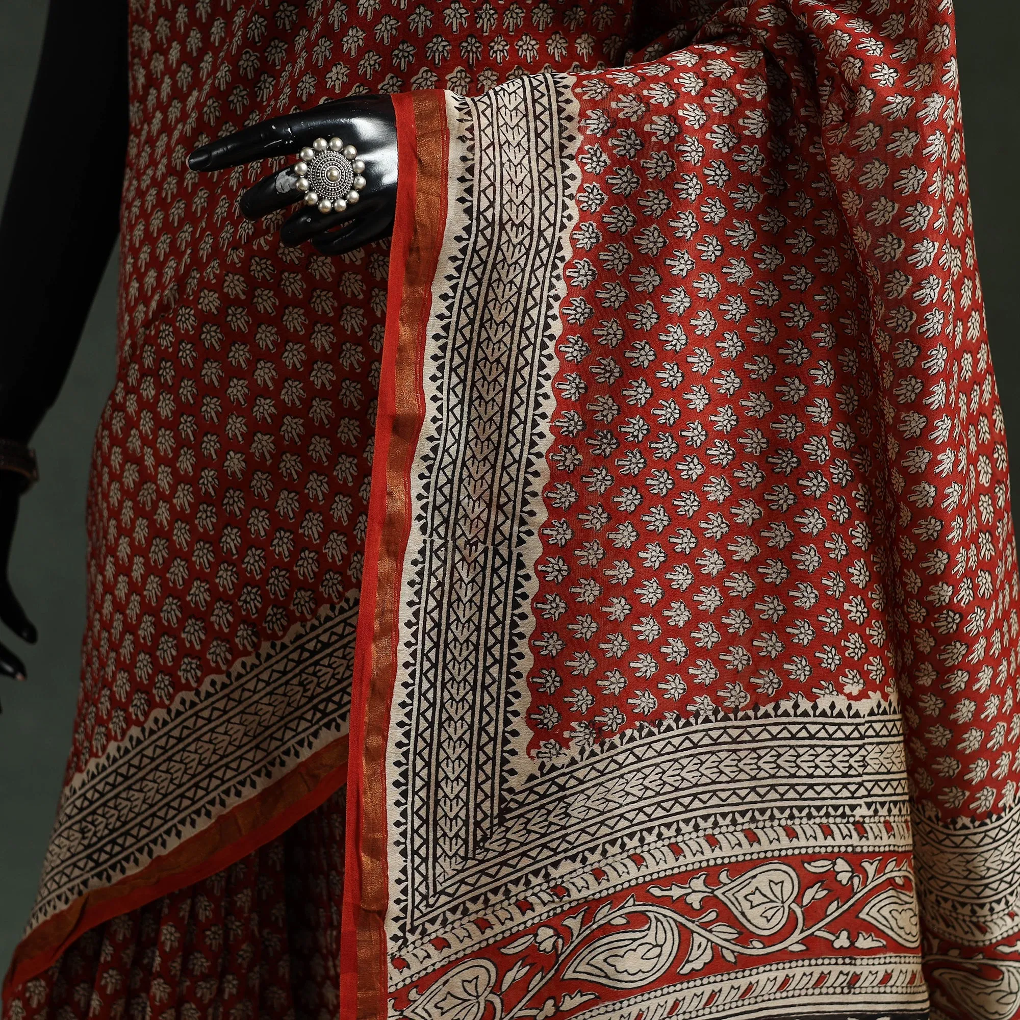 Red - Chanderi Silk Natural Dyed Hand Block Dabu Bagru Print Saree 64 sold by Itokri product image thumbnail 3