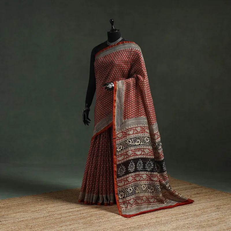 Red - Chanderi Silk Natural Dyed Hand Block Dabu Bagru Print Saree 64 sold by Itokri