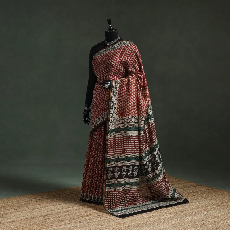 Red - Chanderi Silk Natural Dyed Hand Block Dabu Bagru Print Saree 63 made by Itokri