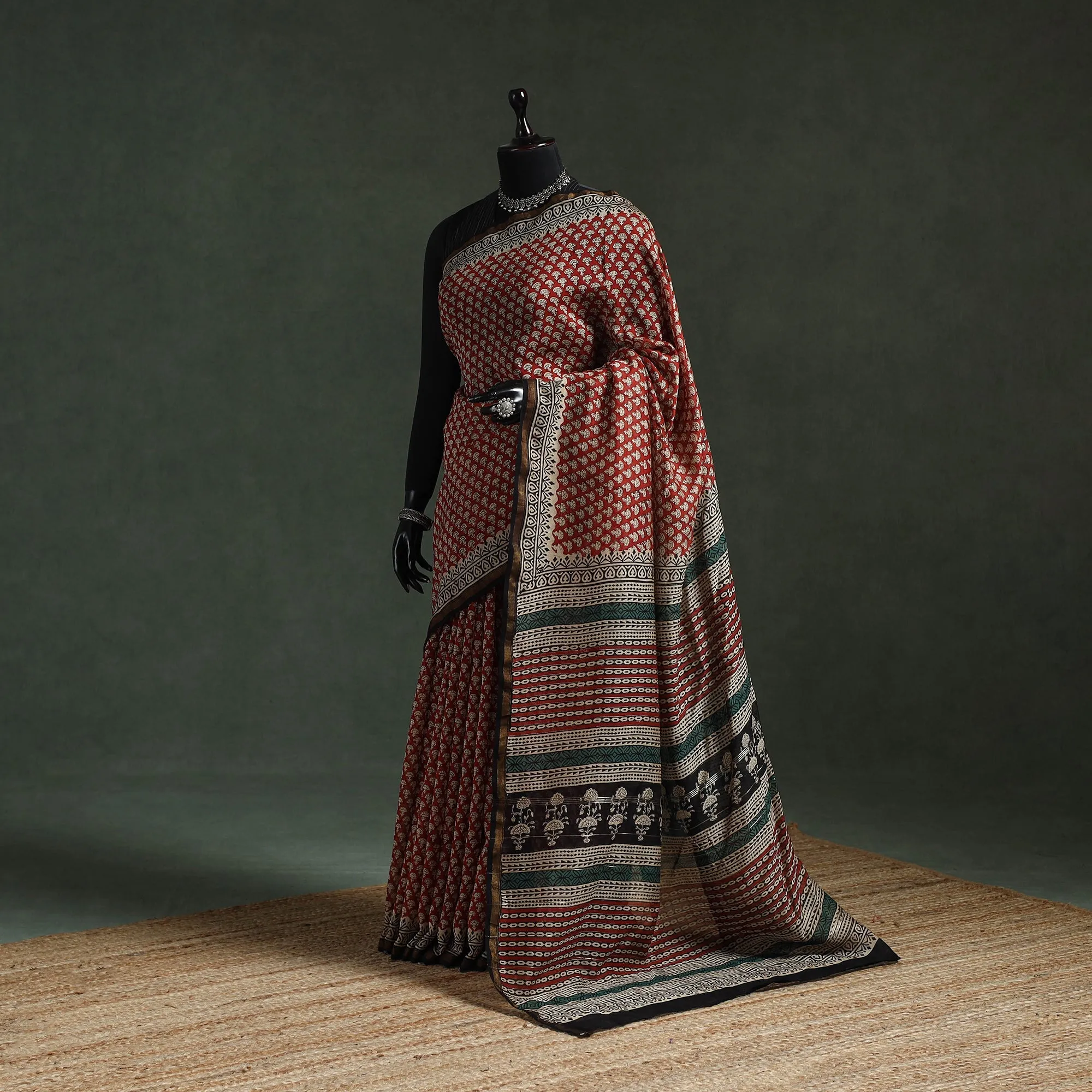 Red - Chanderi Silk Natural Dyed Hand Block Dabu Bagru Print Saree 63 sold by Itokri