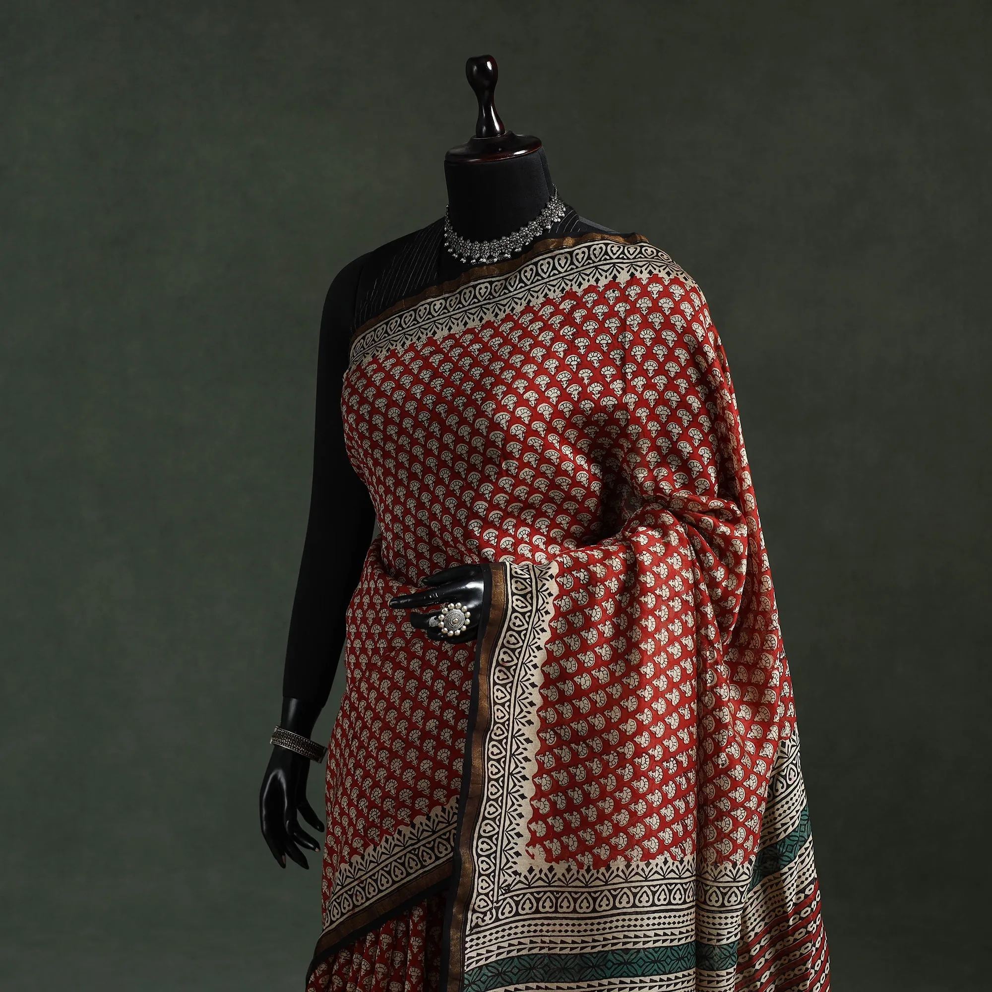 Red - Chanderi Silk Natural Dyed Hand Block Dabu Bagru Print Saree 63 sold by Itokri product image thumbnail 2