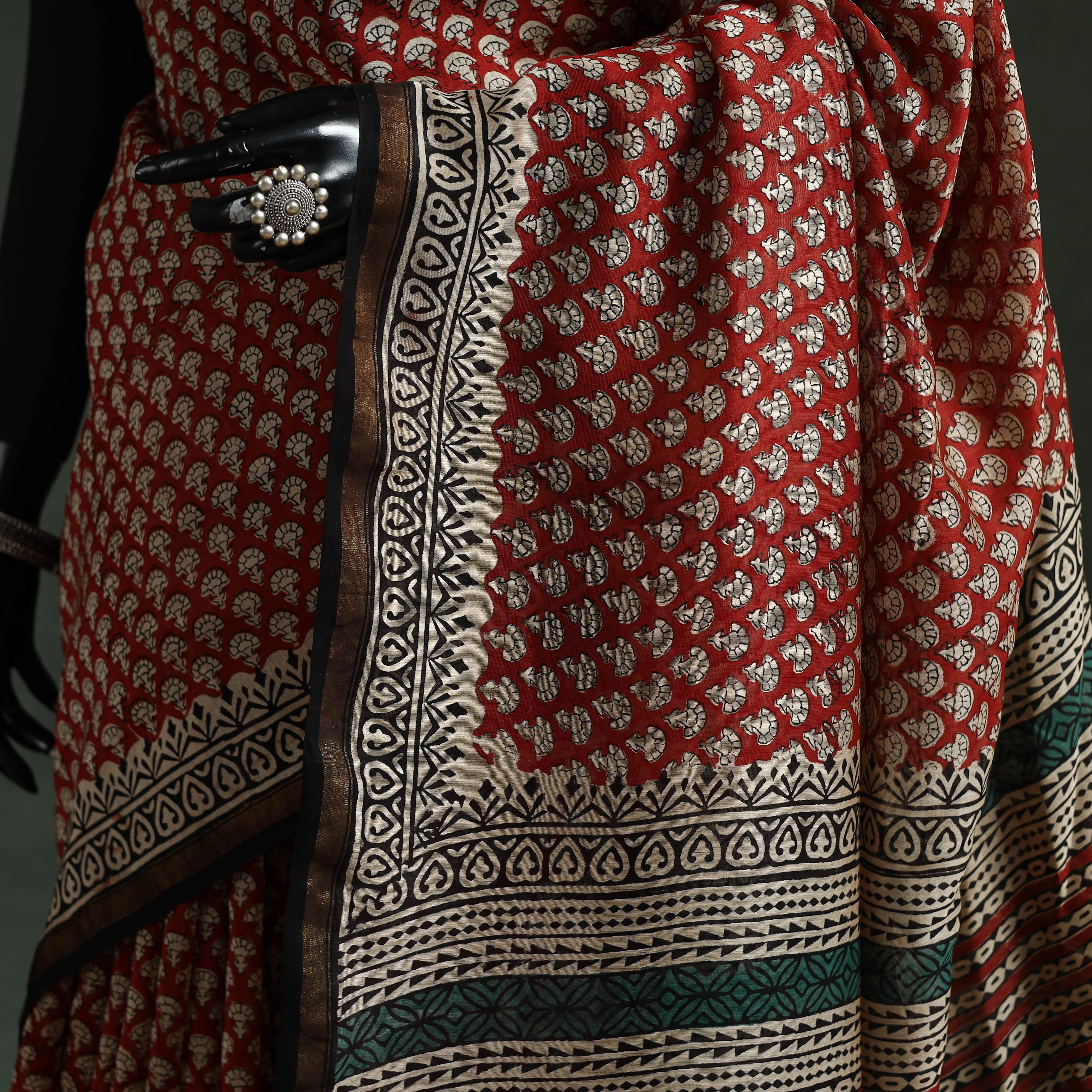 Red - Chanderi Silk Natural Dyed Hand Block Dabu Bagru Print Saree 63 sold by Itokri product image thumbnail 3