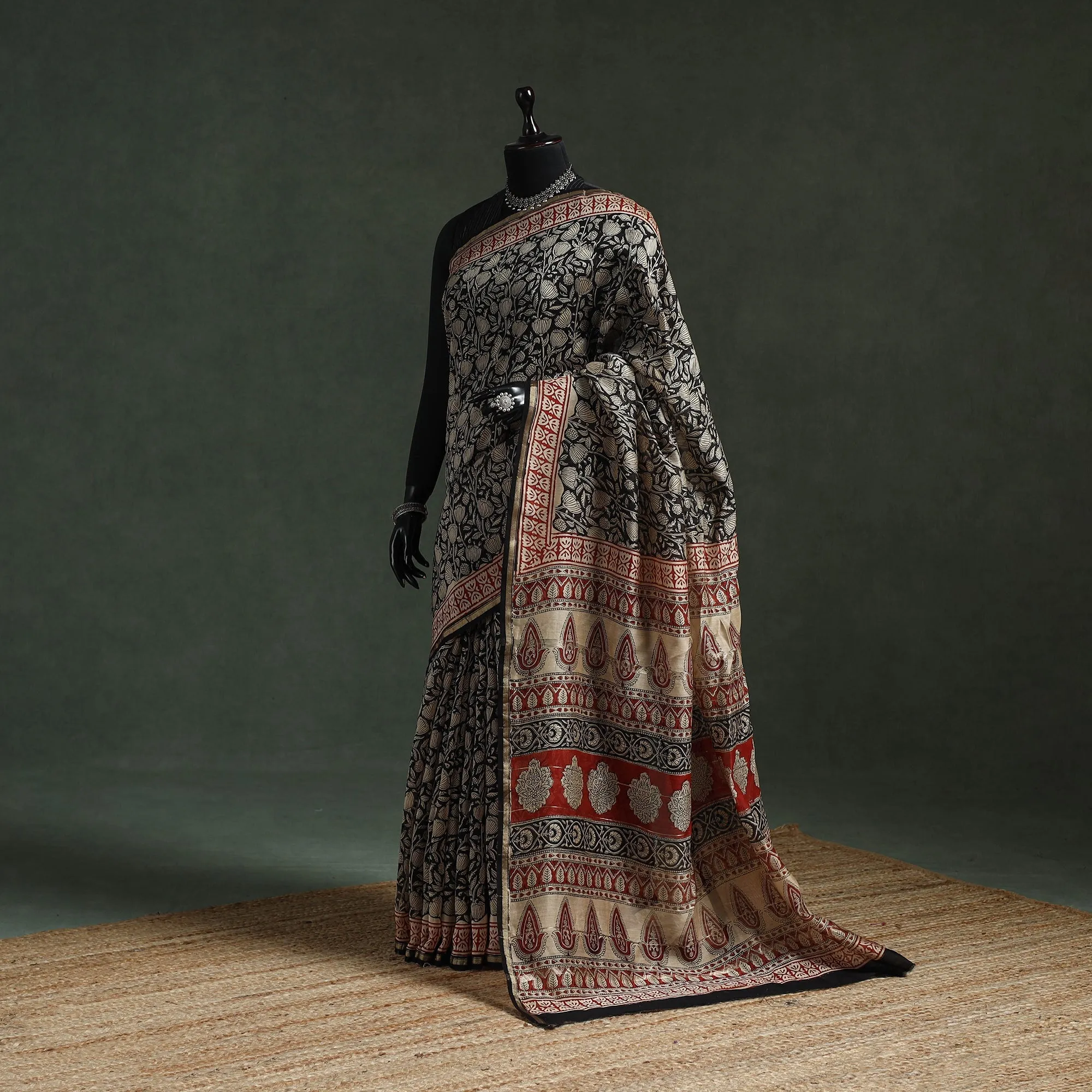 Chanderi Silk Natural Dyed Hand Block Dabu Bagru Print Saree 62 sold by Itokri