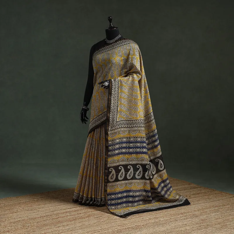 Yellow - Chanderi Silk Natural Dyed Hand Block Dabu Bagru Print Saree 61 made by Itokri