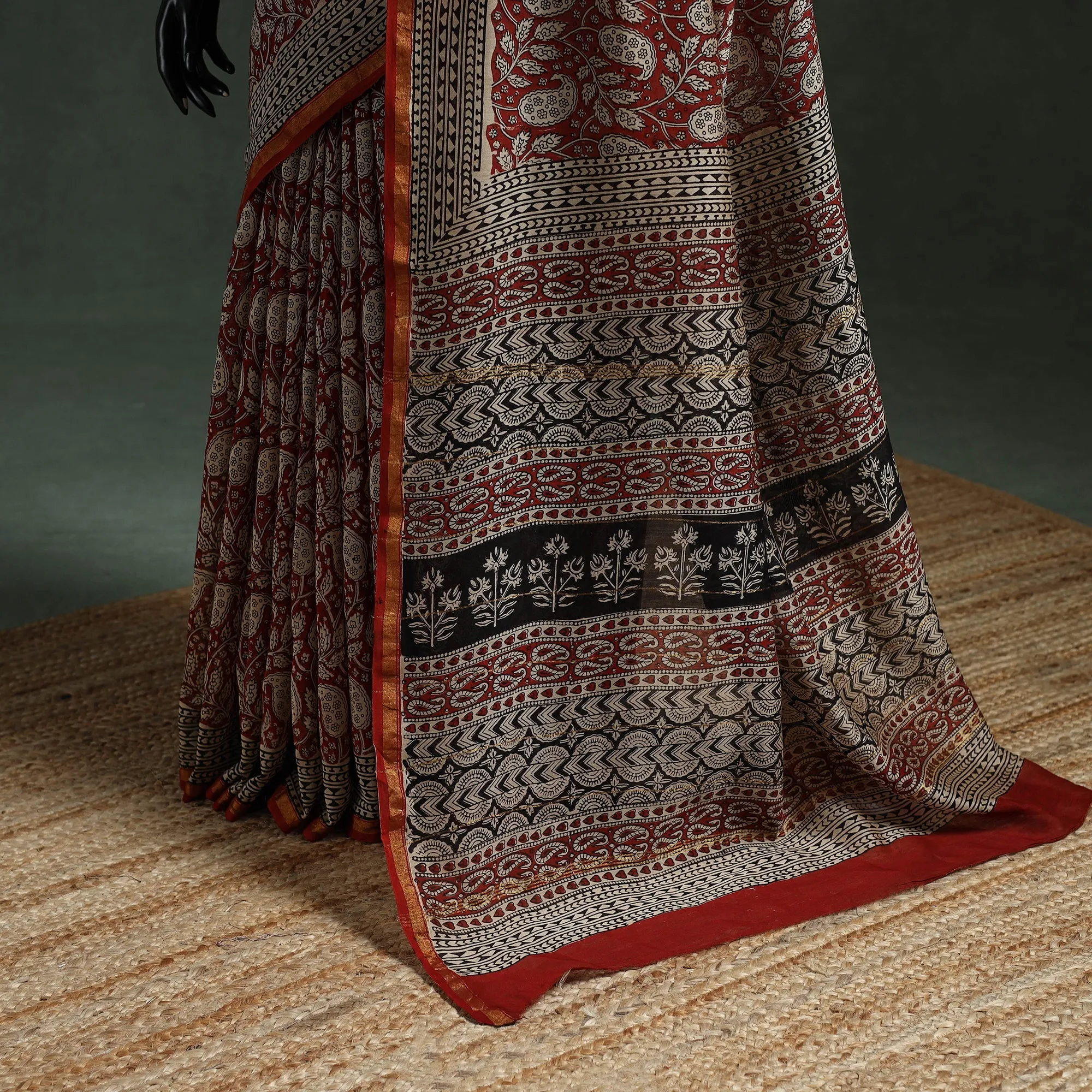Red - Chanderi Silk Natural Dyed Hand Block Dabu Bagru Print Saree 60 sold by Itokri product image thumbnail 4