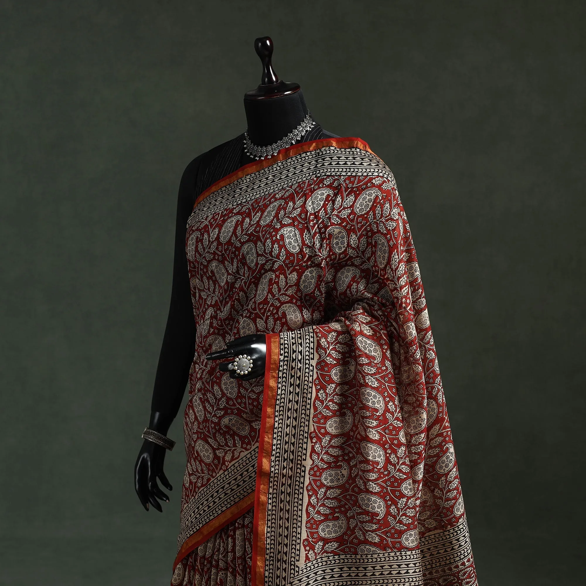 Red - Chanderi Silk Natural Dyed Hand Block Dabu Bagru Print Saree 60 sold by Itokri product image thumbnail 2