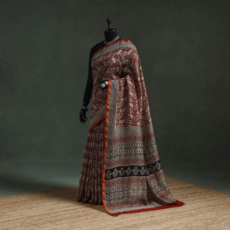 Chanderi Silk Natural Dyed Hand Block Dabu Bagru Print Saree 60 sold by Itokri