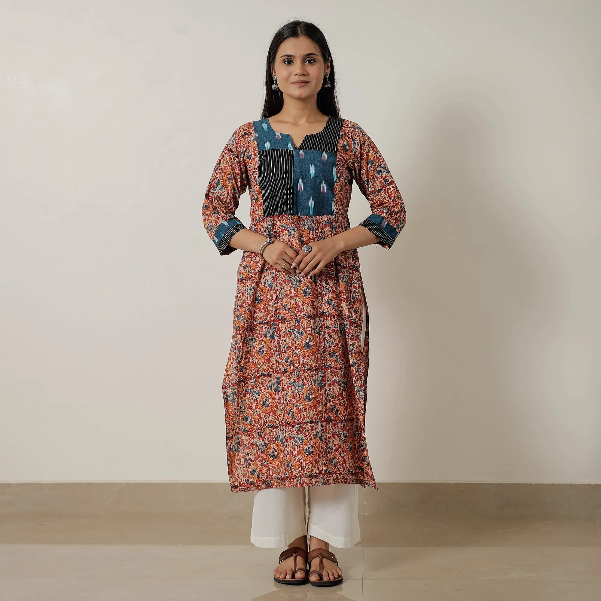 Red - Pedana Kalamkari Block Printed Cotton Straight Kurta with Patchwork 05 sold by Itokri product image thumbnail 2