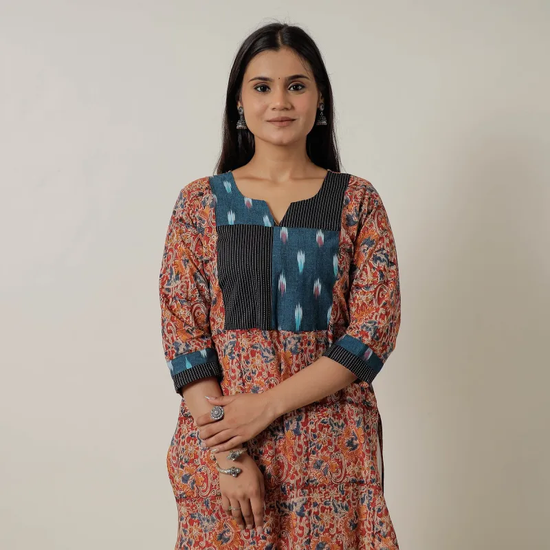 Red - Pedana Kalamkari Block Printed Cotton Straight Kurta with Patchwork 05 sold by Itokri