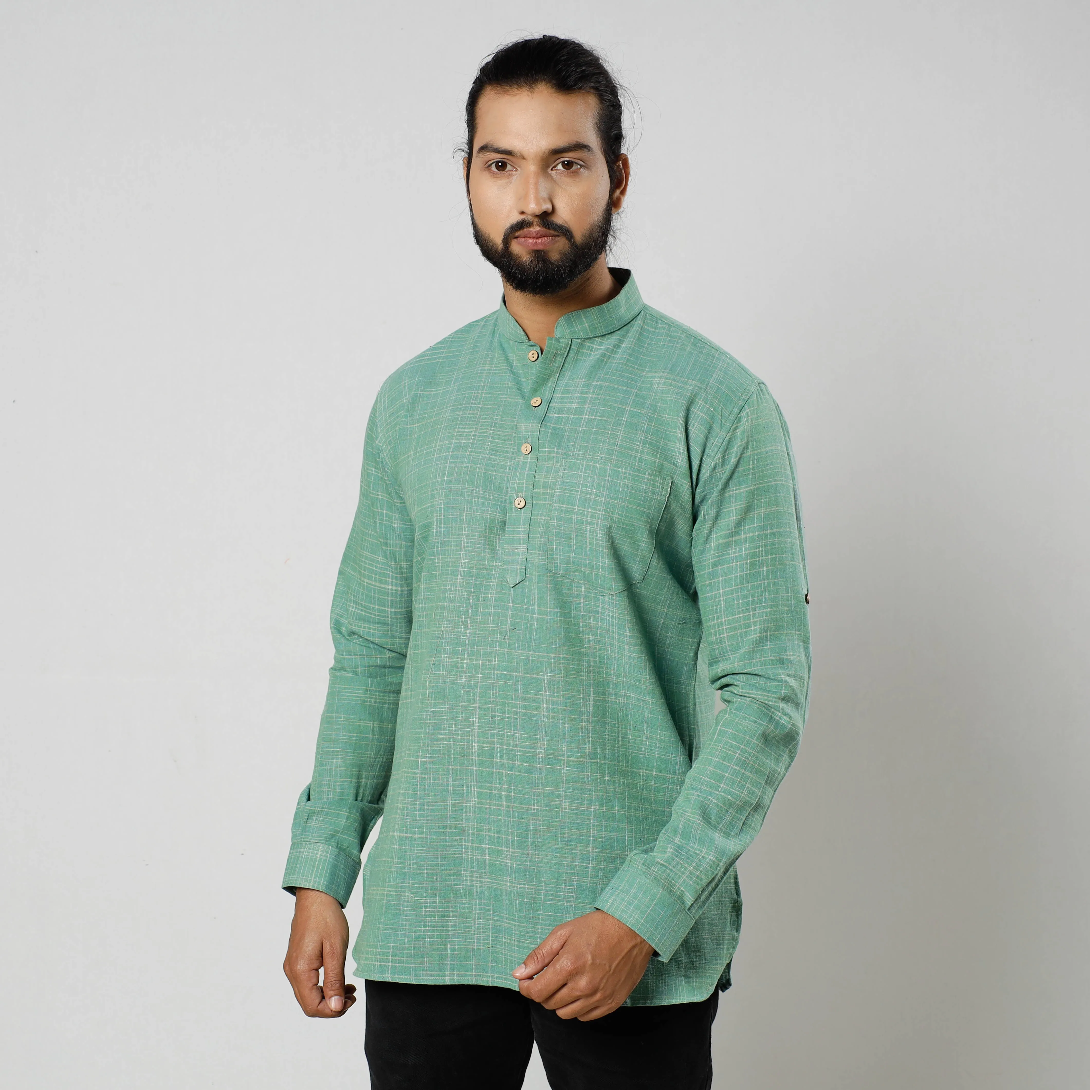Green - Textured Fine Cotton Handloom Men Short Kurta sold by Itokri product image thumbnail 3