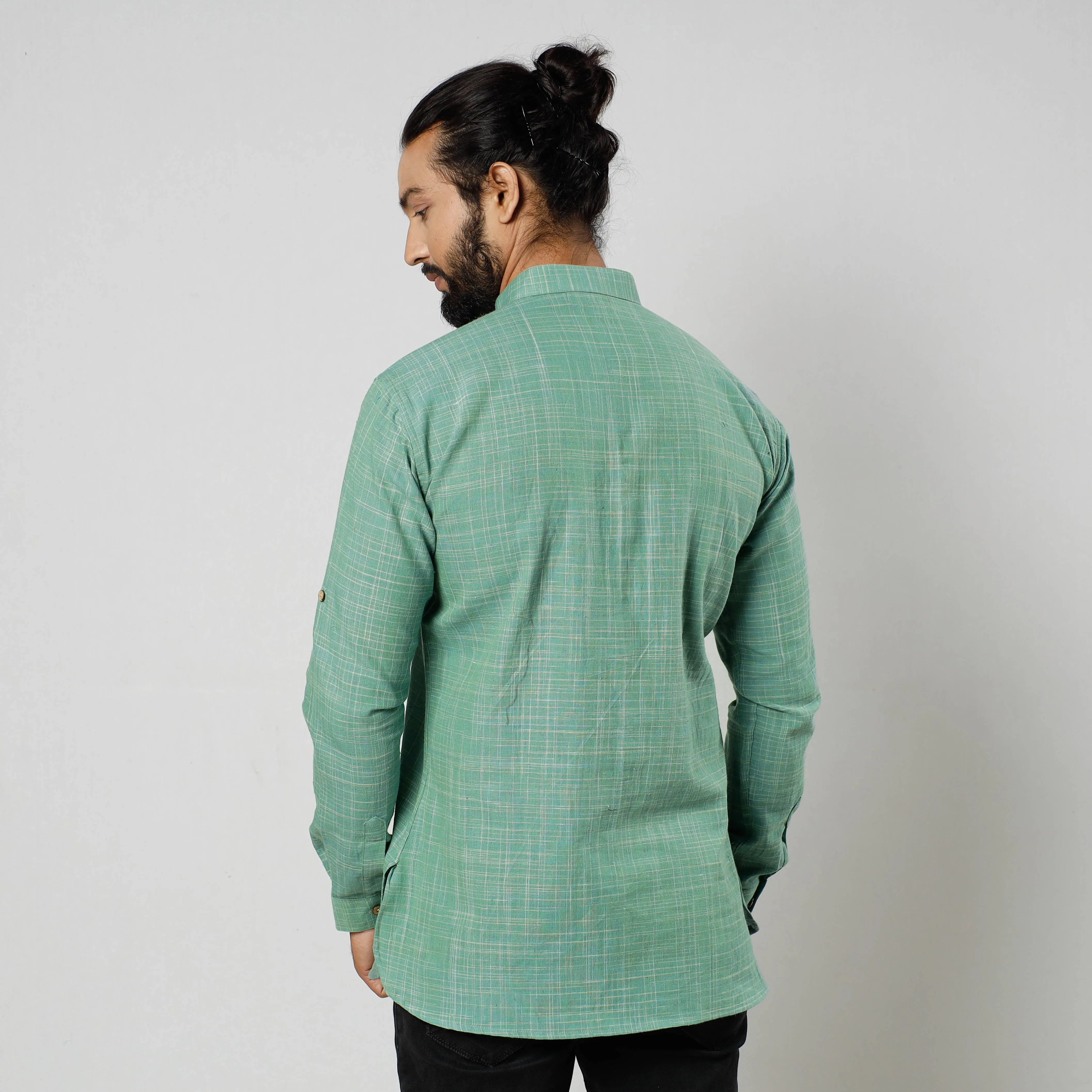 Green - Textured Fine Cotton Handloom Men Short Kurta sold by Itokri product image thumbnail 5