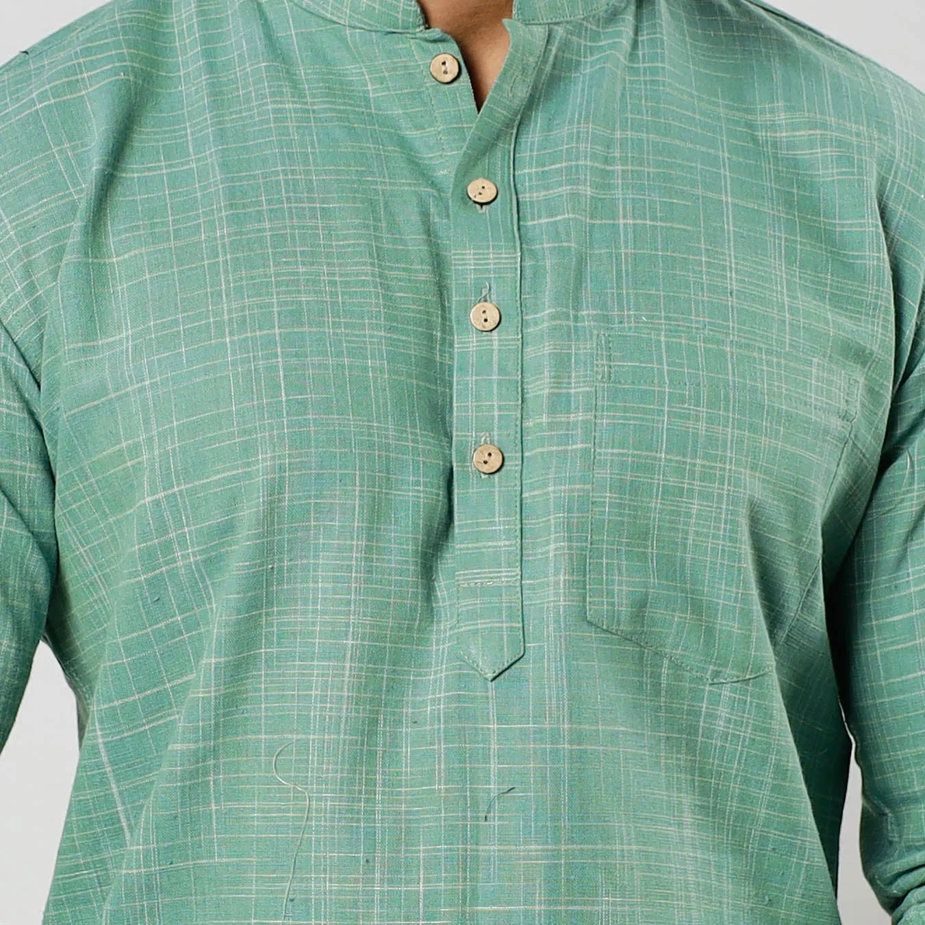 Green - Textured Fine Cotton Handloom Men Short Kurta sold by Itokri product image thumbnail 4
