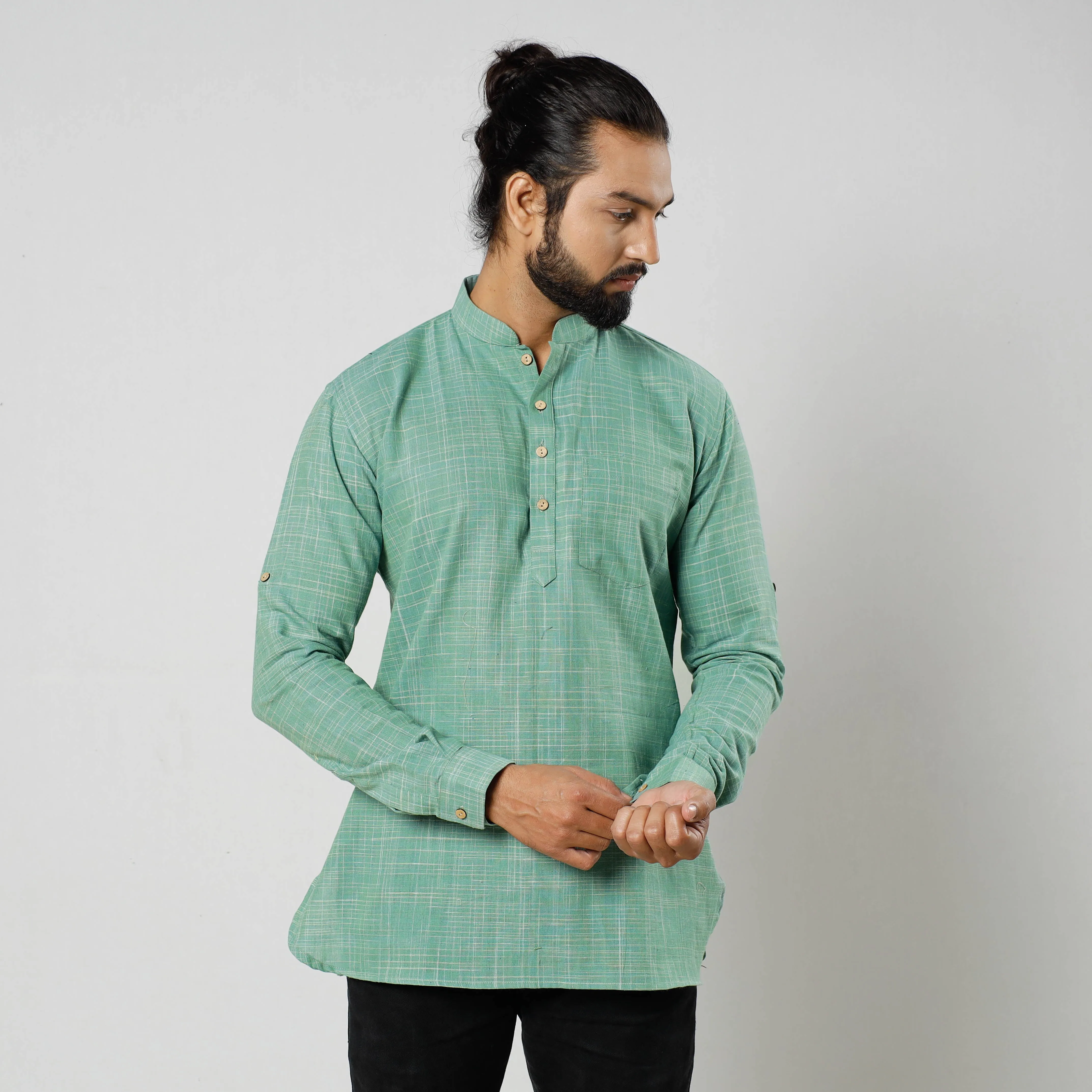 Green - Textured Fine Cotton Handloom Men Short Kurta sold by Itokri