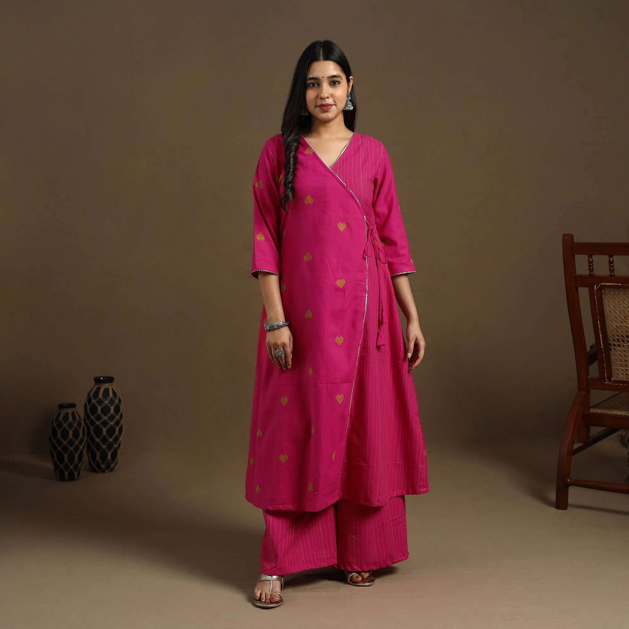 Pink - Angrakha Cotton Gota Work Jacquard Kurta with Palazzo Set 04 sold by Itokri