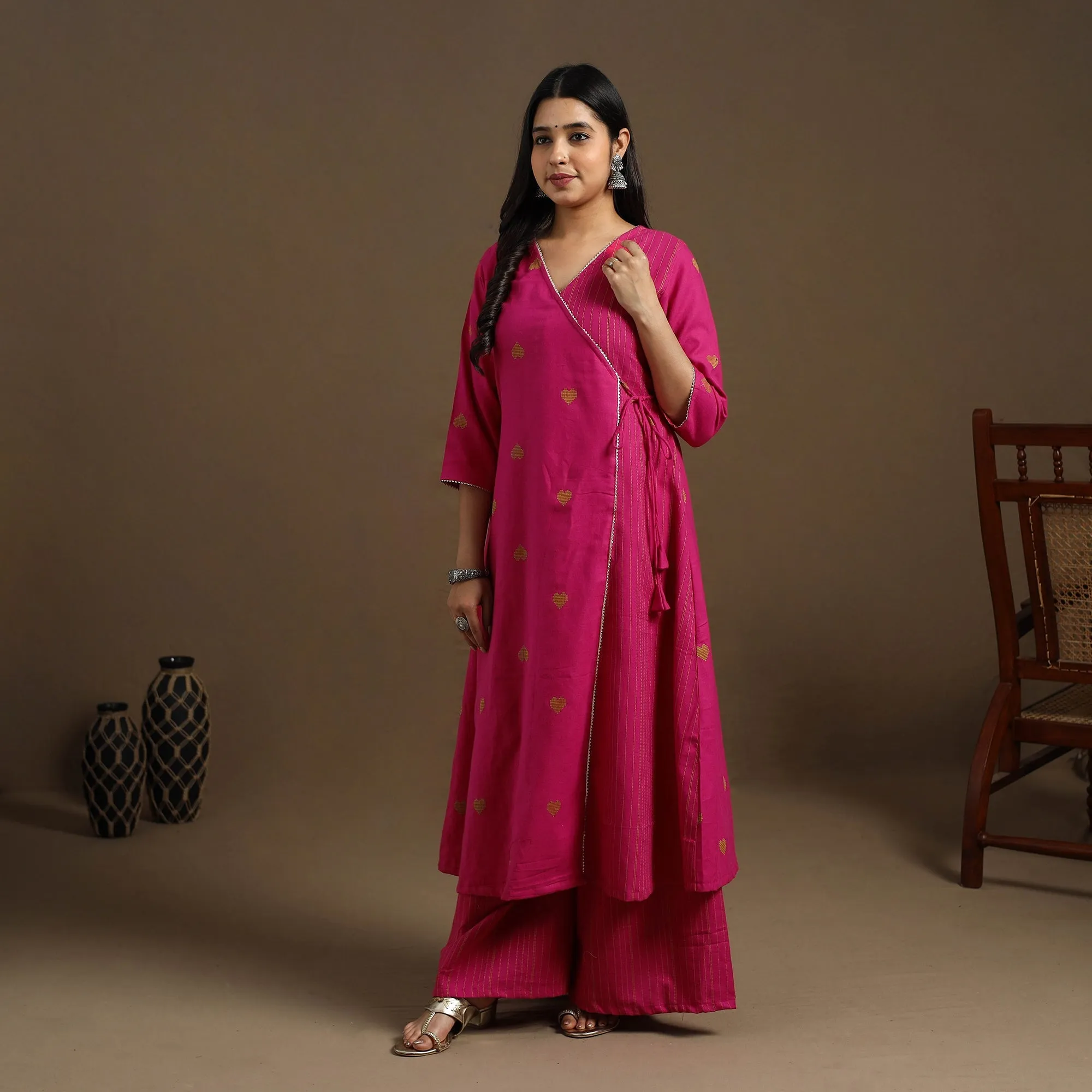Pink - Angrakha Cotton Gota Work Jacquard Kurta with Palazzo Set 04 sold by Itokri product image thumbnail 2