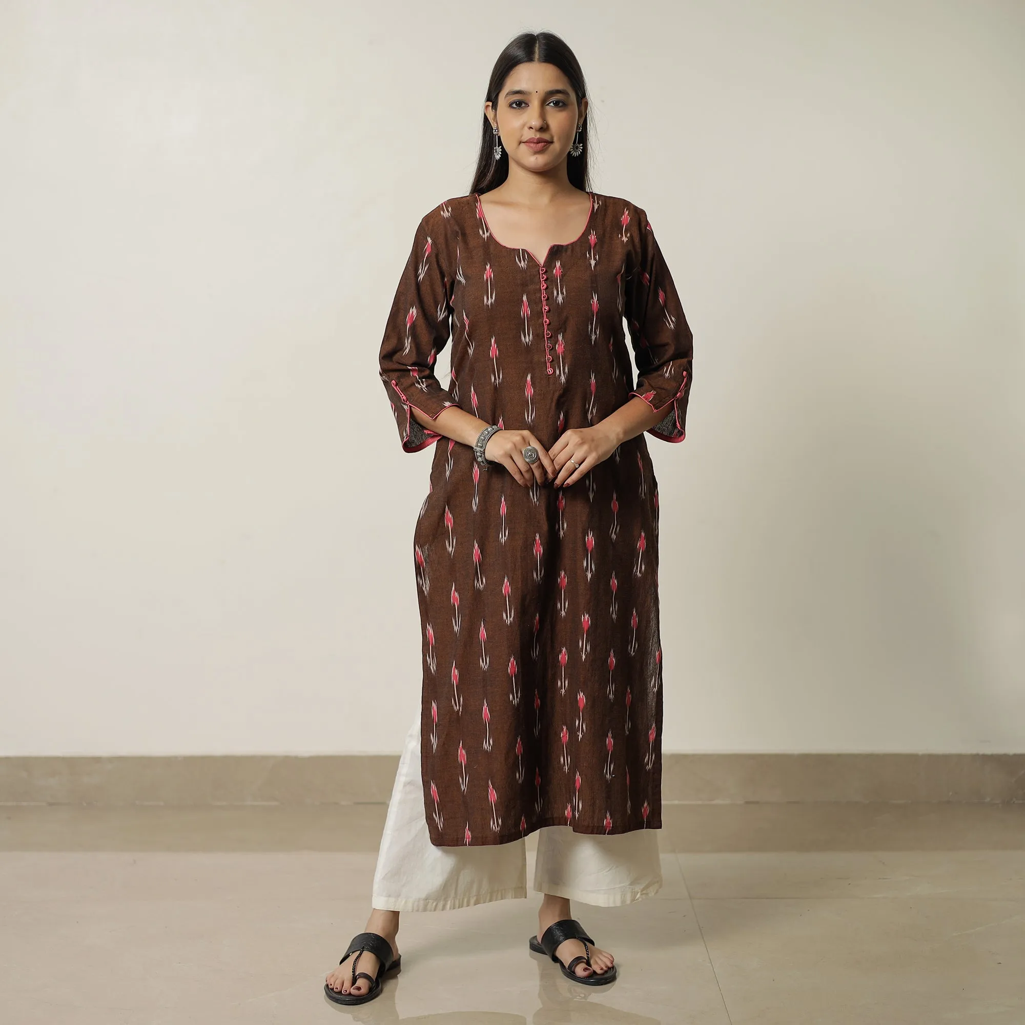 Brown - Pochampally Ikat Weave Cotton Straight Kurta 16 sold by Itokri product image thumbnail 2
