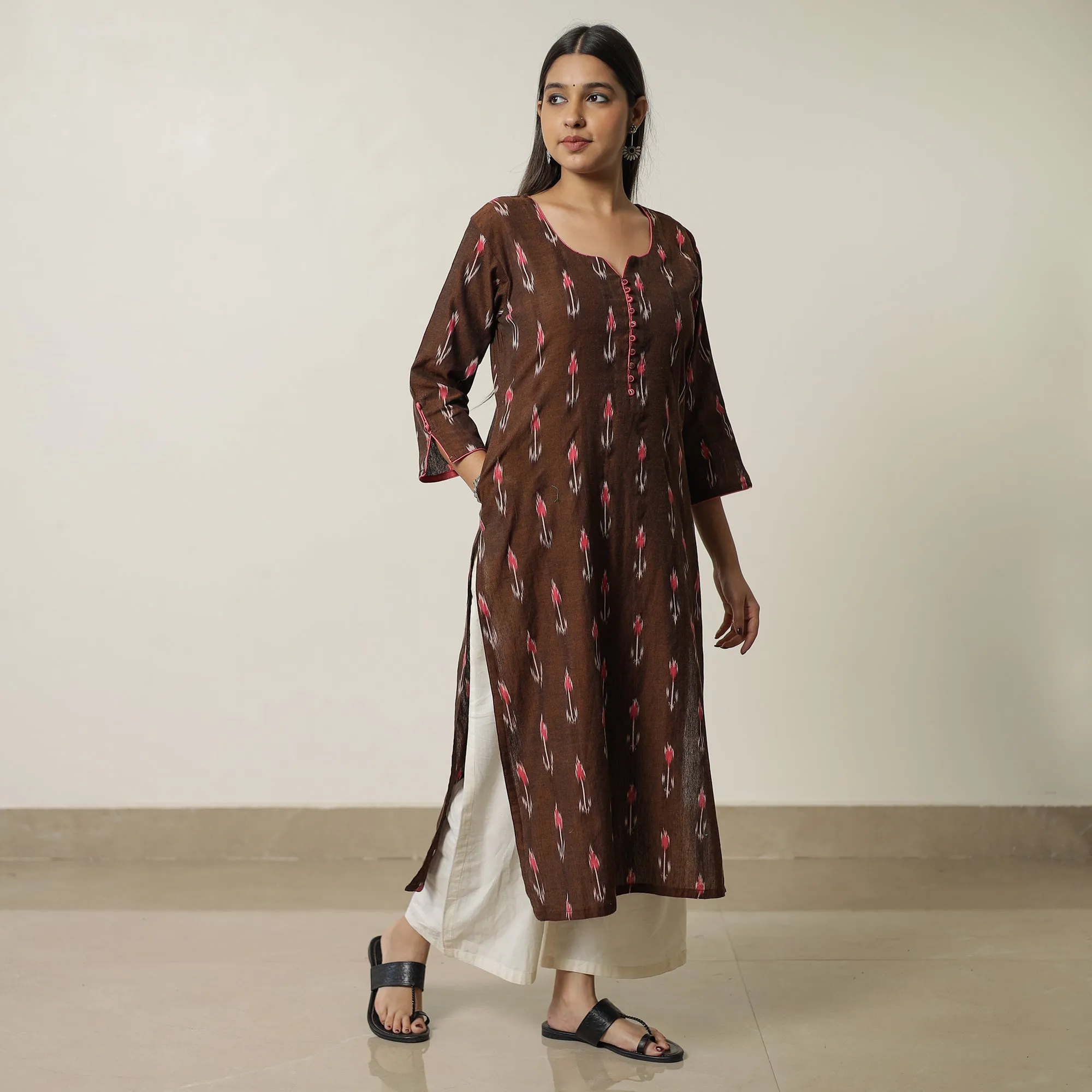 Brown - Pochampally Ikat Weave Cotton Straight Kurta 16 sold by Itokri product image thumbnail 3