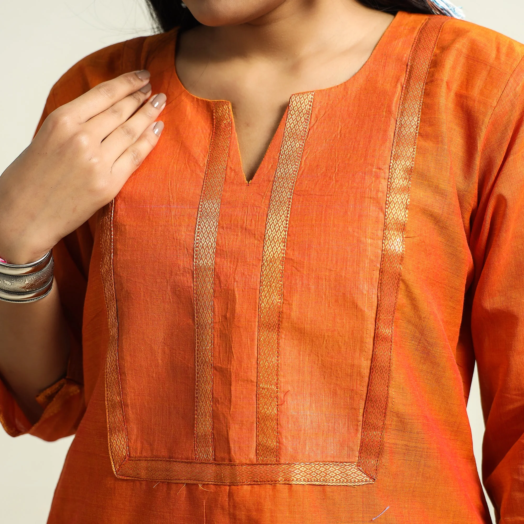 Orange - Mangalagiri Handloom Cotton Straight Kurta sold by Itokri product image thumbnail 4