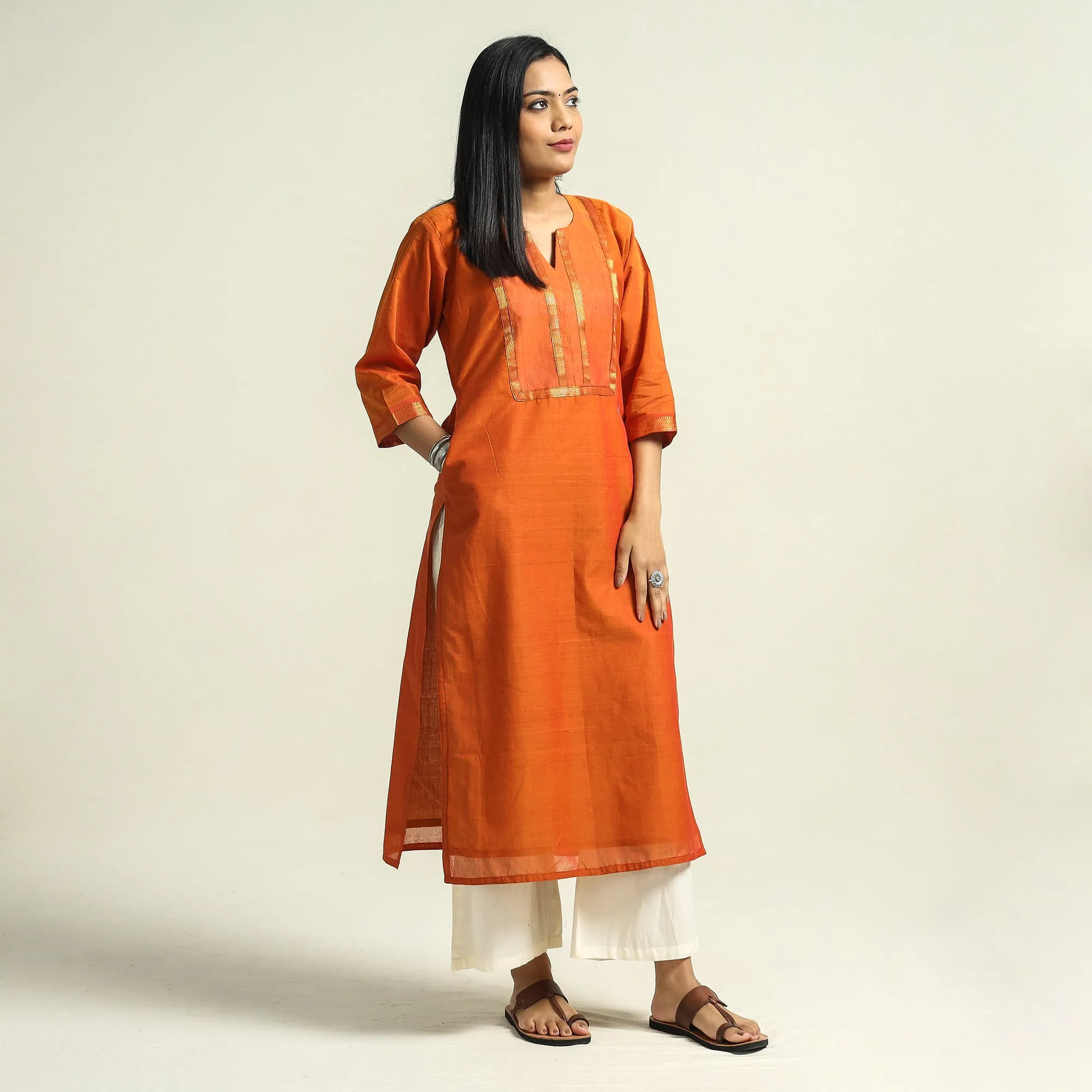 Orange - Mangalagiri Handloom Cotton Straight Kurta sold by Itokri product image thumbnail 3