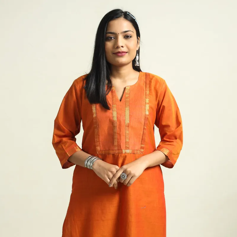 Orange - Mangalagiri Handloom Cotton Straight Kurta made by Itokri