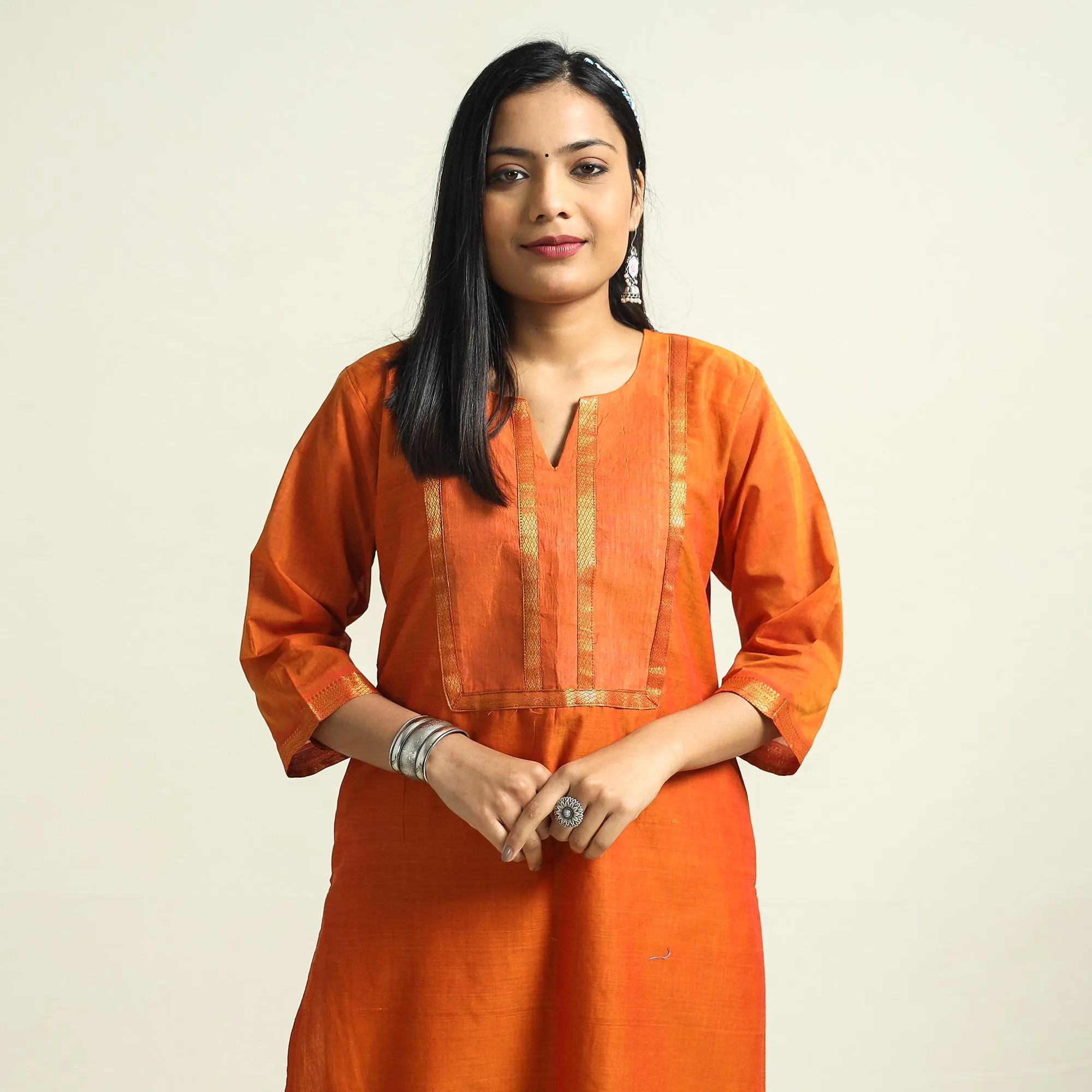 Orange - Mangalagiri Handloom Cotton Straight Kurta sold by Itokri