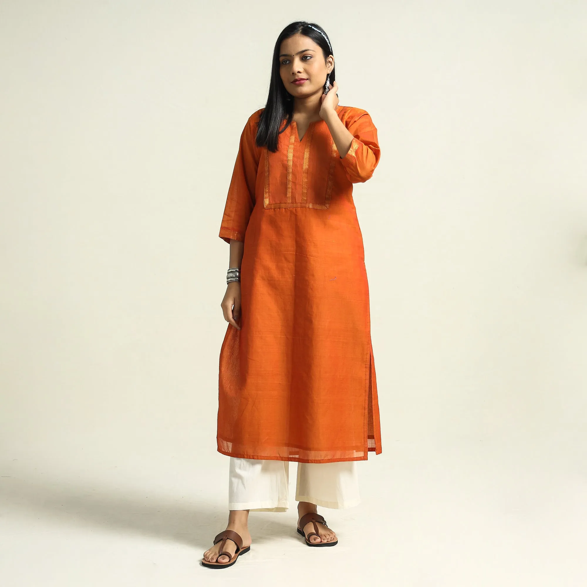 Orange - Mangalagiri Handloom Cotton Straight Kurta sold by Itokri product image thumbnail 2