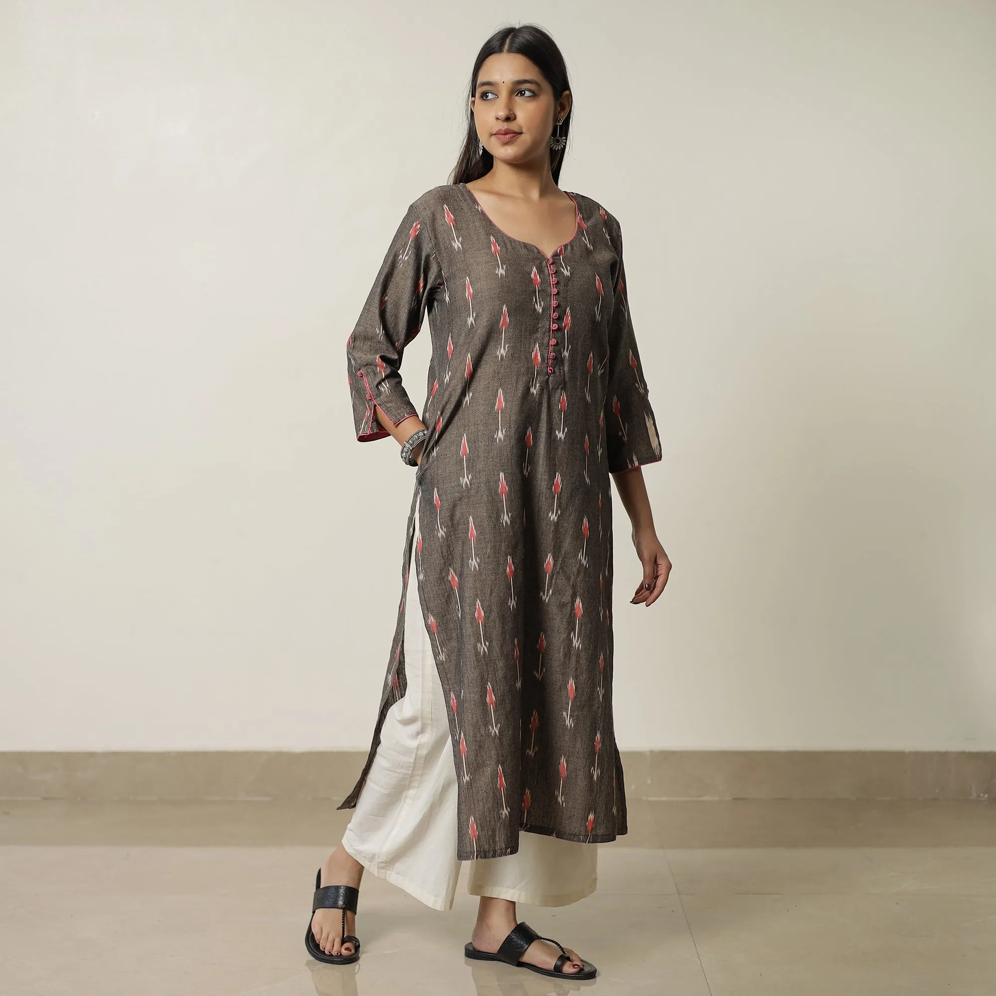 Brown - Pochampally Ikat Weave Cotton Straight Kurta 17 sold by Itokri product image thumbnail 3