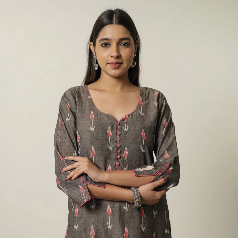 Brown - Pochampally Ikat Weave Cotton Straight Kurta 17 made by Itokri