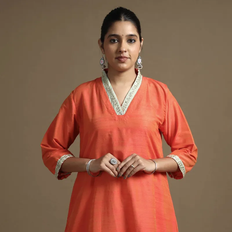 Orange - Plain Solid Slub Silk  A-Line Kurta with Beadwork Hand Embroidery Lace sold by Itokri