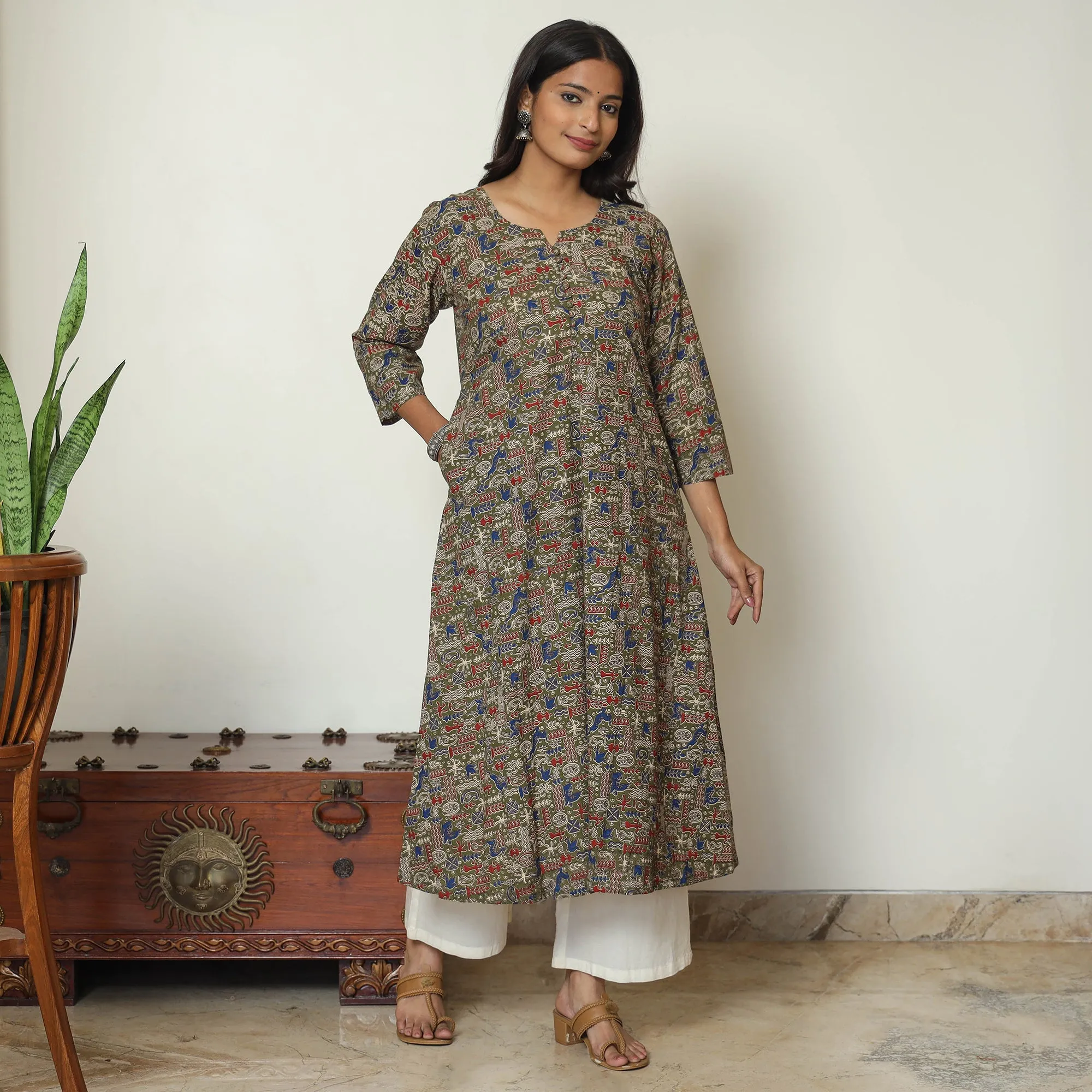 Brown - Kalamkari Printed Cotton A-Line Kurta 49 sold by Itokri product image thumbnail 3