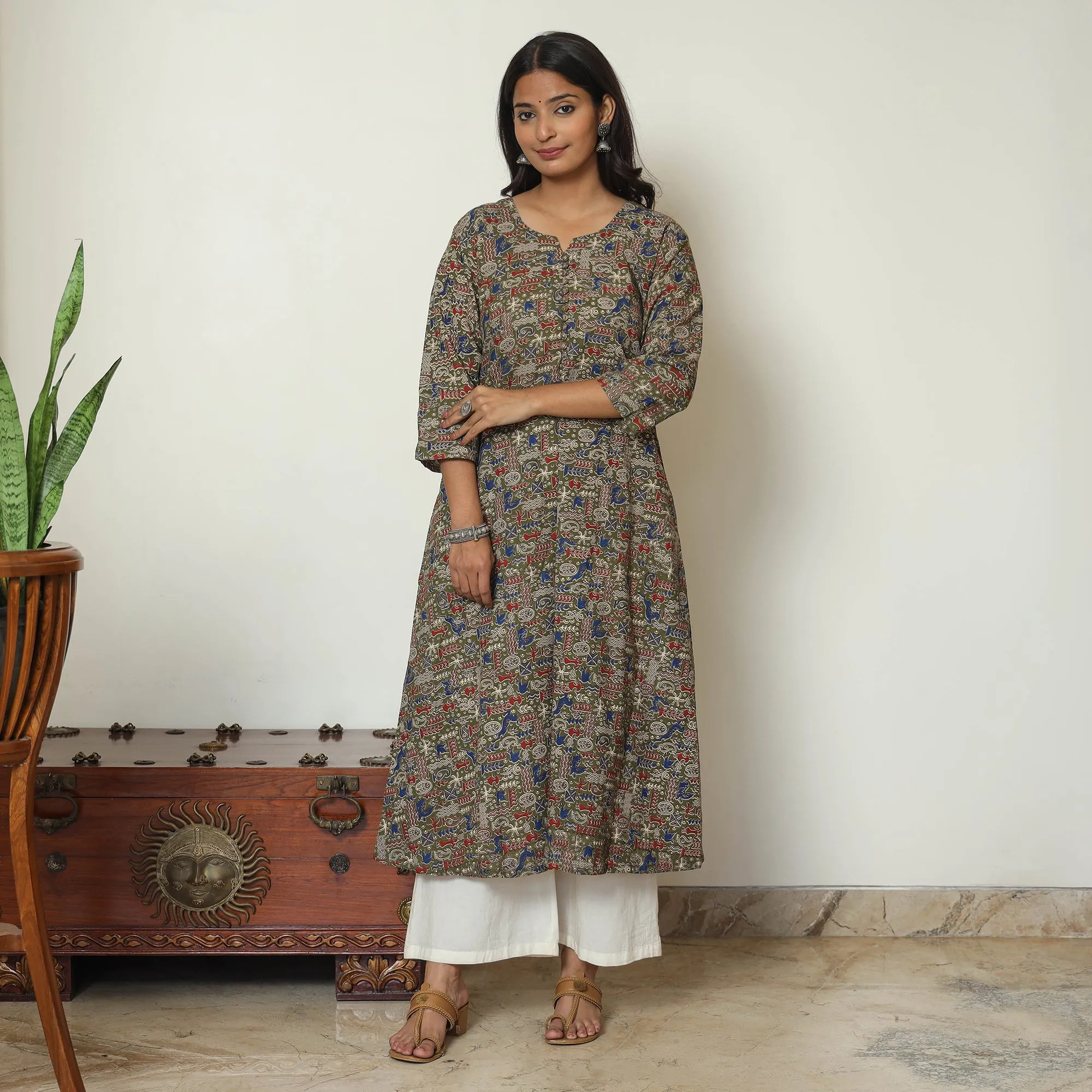 Brown - Kalamkari Printed Cotton A-Line Kurta 49 sold by Itokri product image thumbnail 2