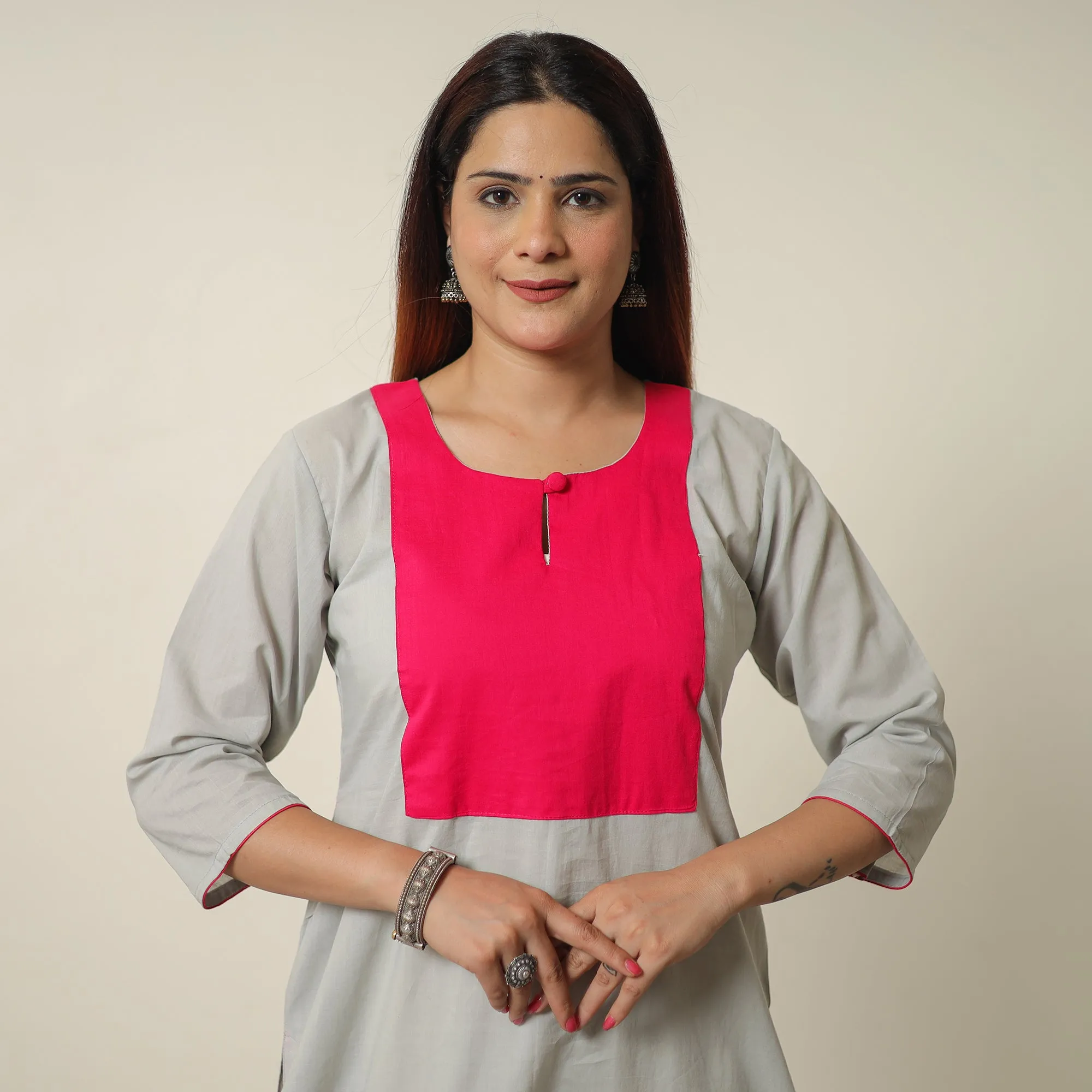 White - Light Grey - Plain Cotton Long Straight Kurta 07 sold by Itokri product image thumbnail 4