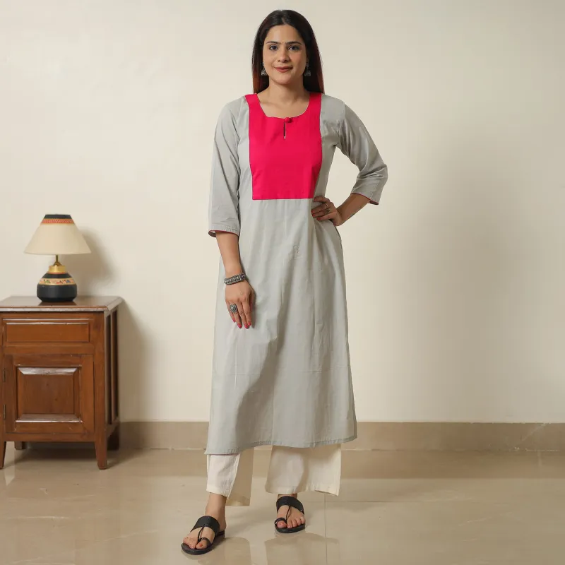 White - Light Grey - Plain Cotton Long Straight Kurta 07 sold by Itokri