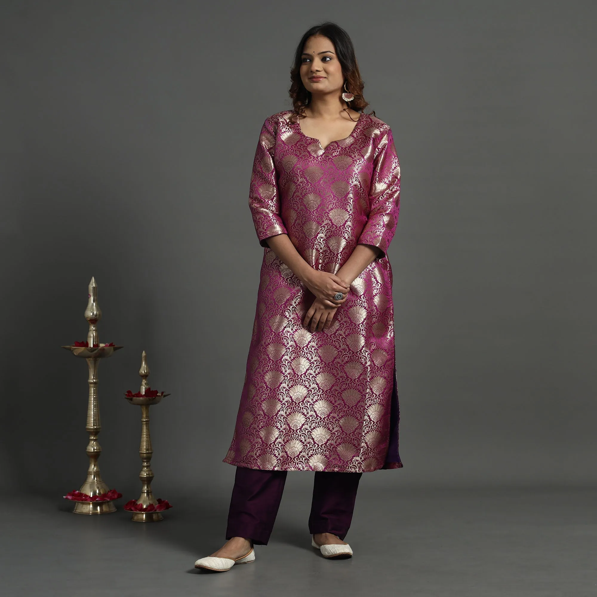 Dark Purple - Elegant Banarasi Brocade Silk Kurta with Pant Set sold by Itokri product image thumbnail 3