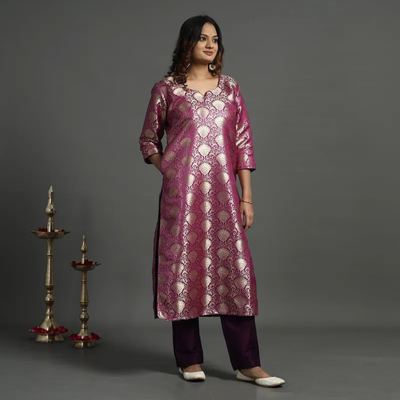Dark Purple - Elegant Banarasi Brocade Silk Kurta with Pant Set made by Itokri