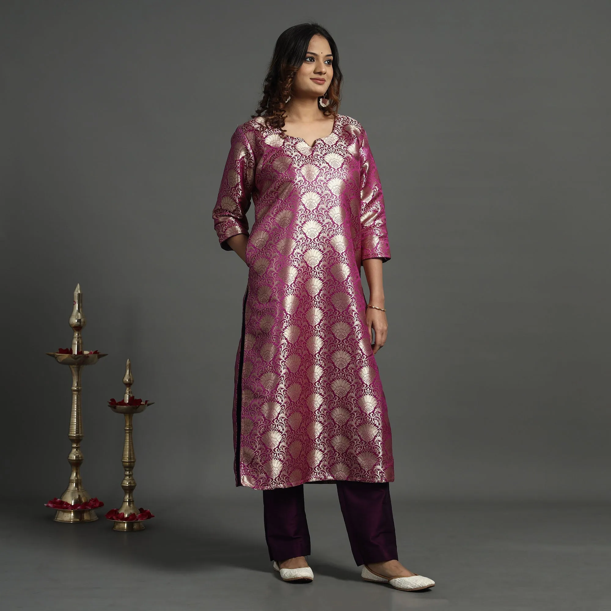 Dark Purple - Elegant Banarasi Brocade Silk Kurta with Pant Set sold by Itokri