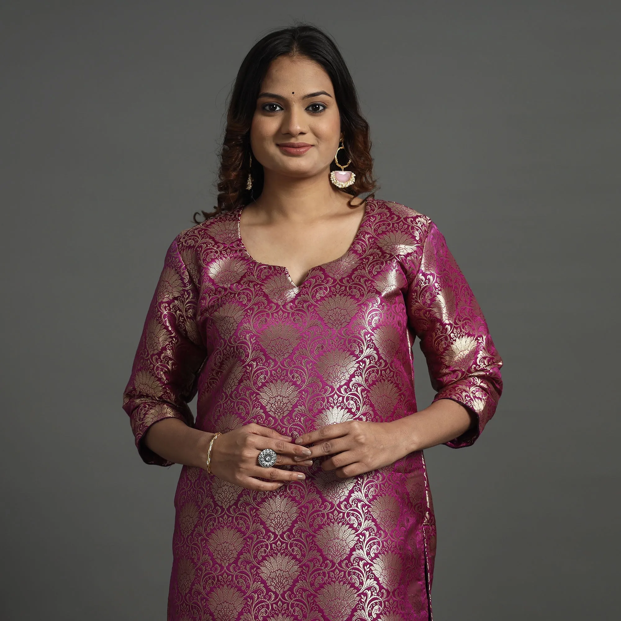 Dark Purple - Elegant Banarasi Brocade Silk Kurta with Pant Set sold by Itokri product image thumbnail 2