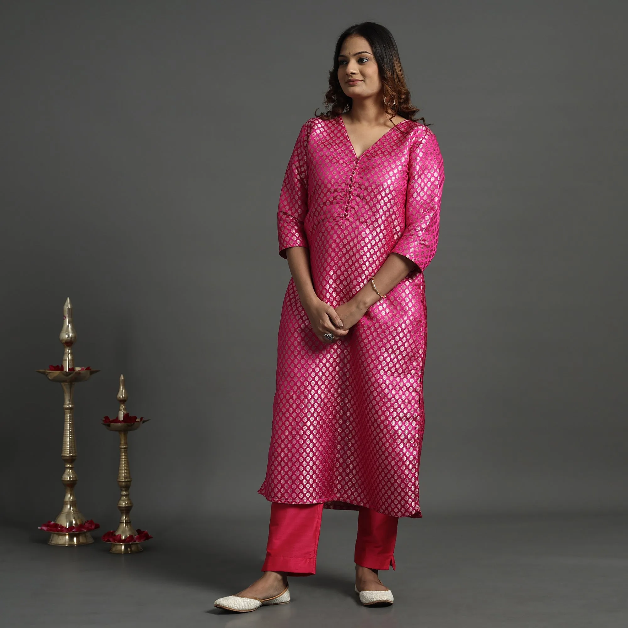 Dark Pink - Elegant Banarasi Brocade Silk Kurta with Pant Set sold by Itokri product image thumbnail 3
