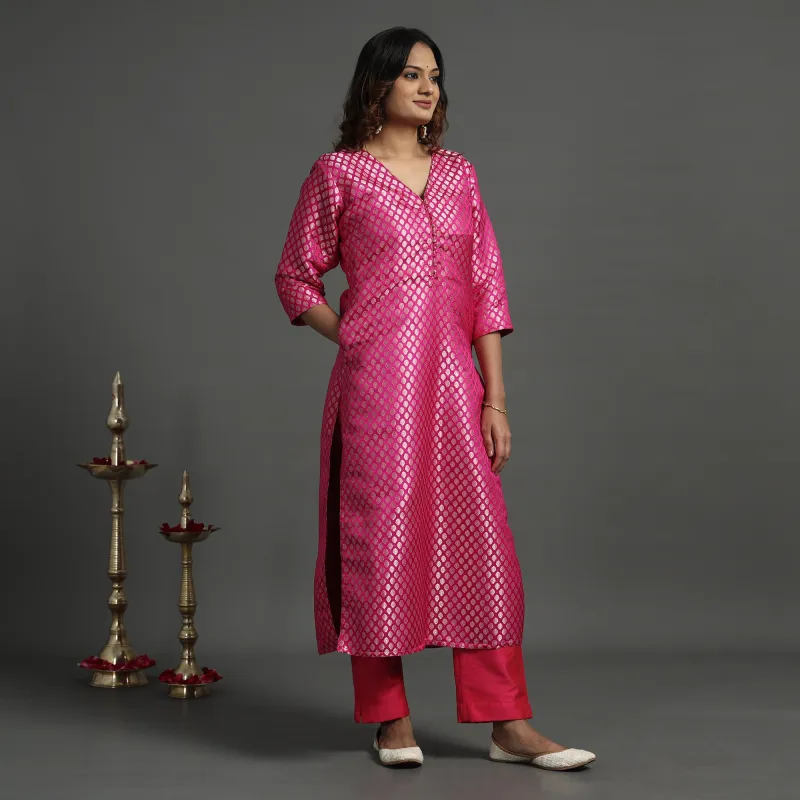 Dark Pink - Elegant Banarasi Brocade Silk Kurta with Pant Set made by Itokri