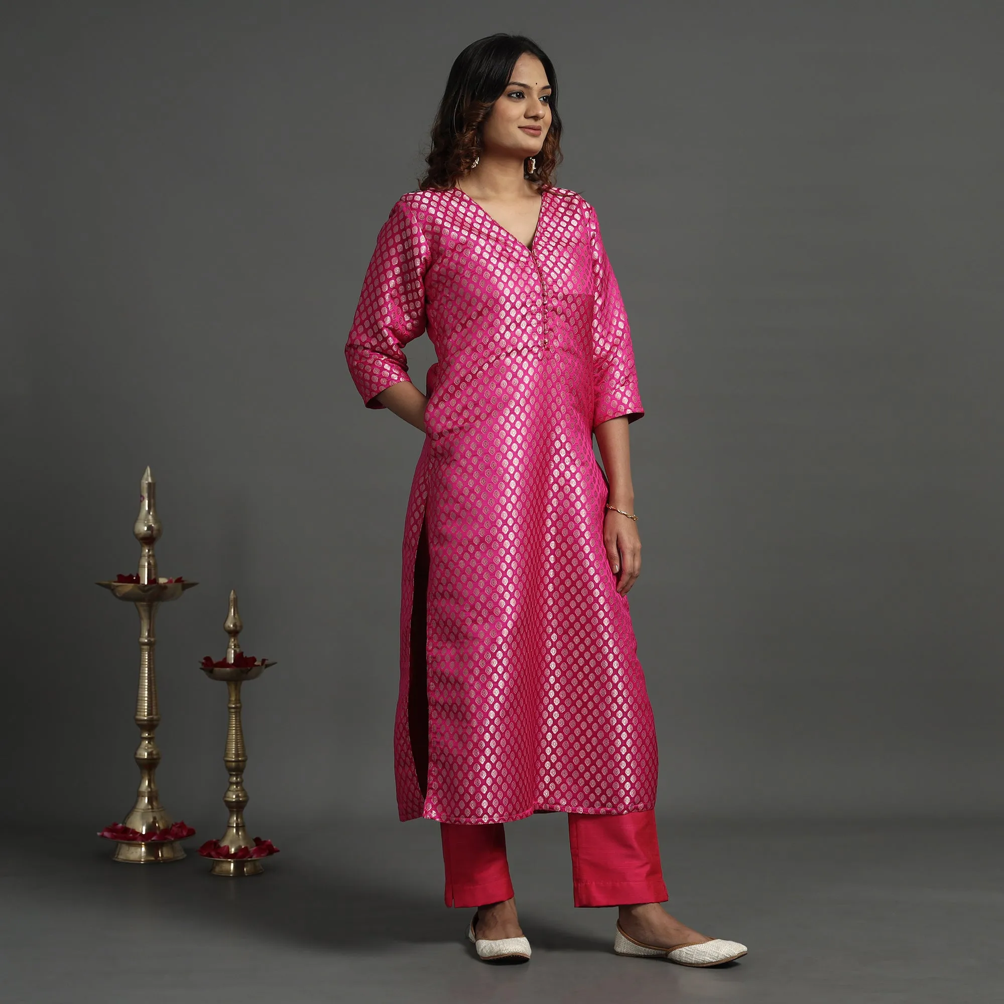 Dark Pink - Elegant Banarasi Brocade Silk Kurta with Pant Set sold by Itokri
