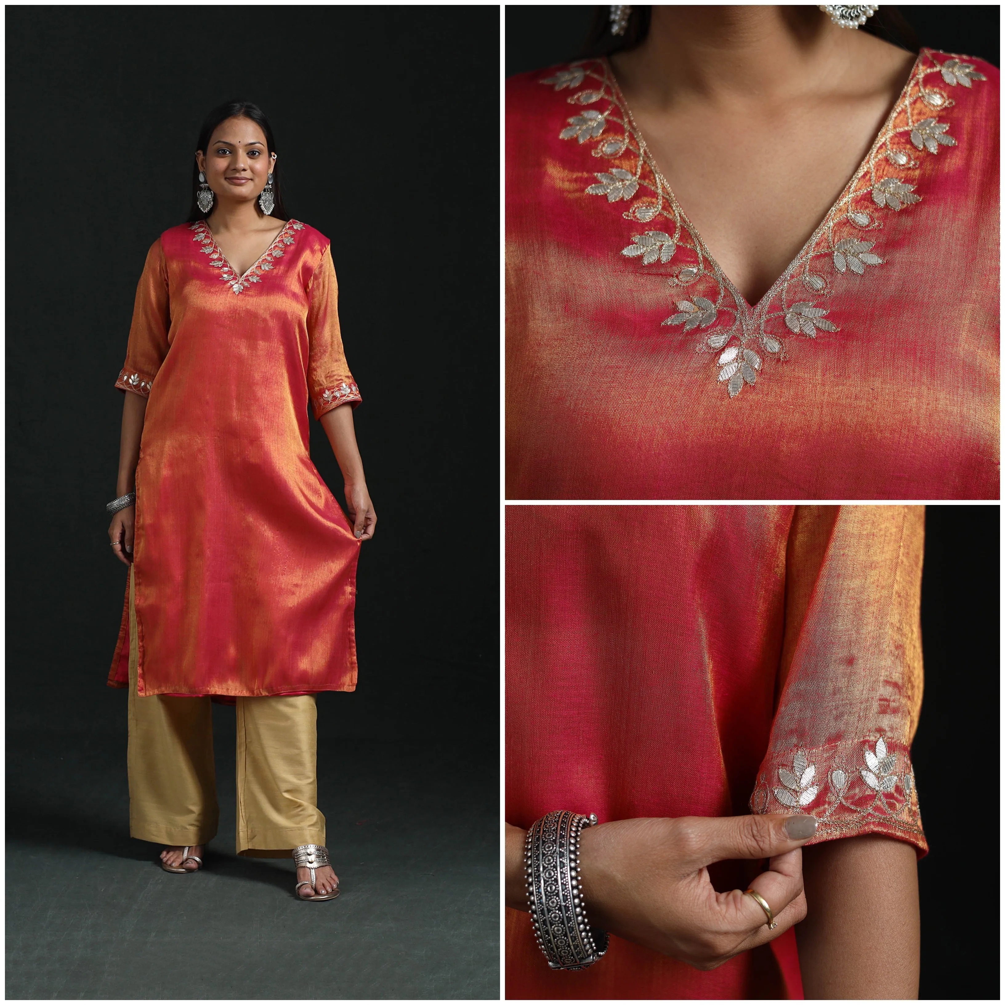 Red - Gota Work Fine Tissue Zari Straight Plain Kurta for women 09 sold by Itokri product image thumbnail 3
