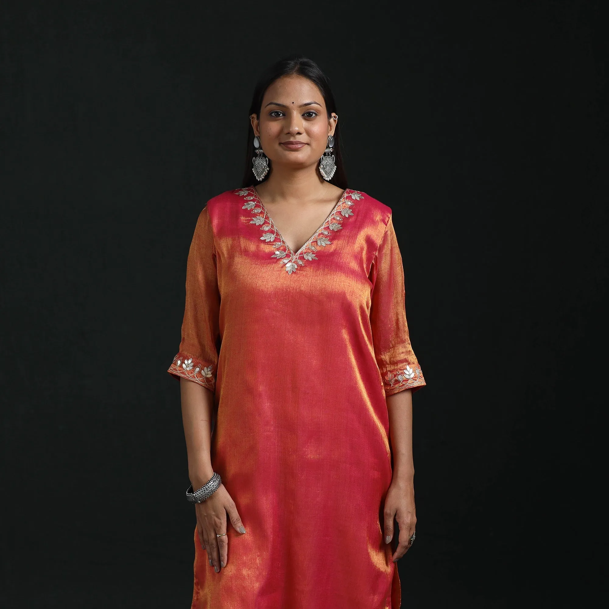 Red - Gota Work Fine Tissue Zari Straight Plain Kurta for women 09 sold by Itokri product image thumbnail 2